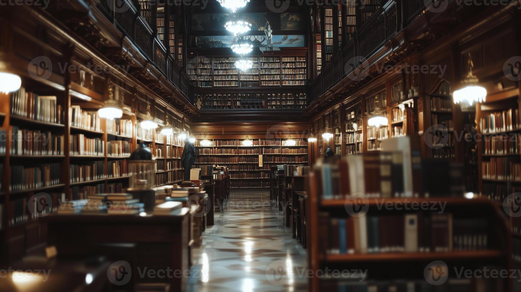 A long, dark, library with many books on shelves photo