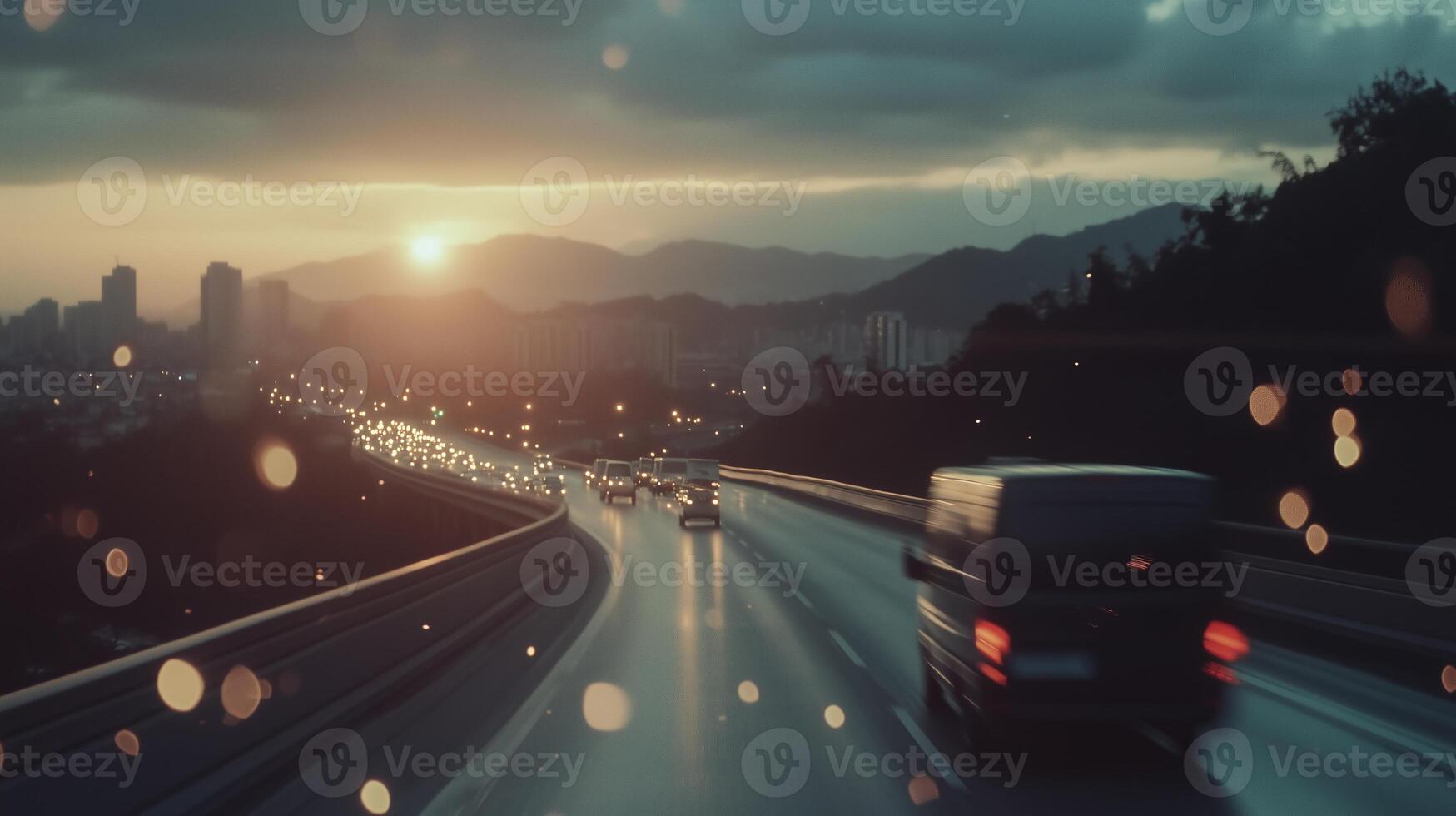 Cars driving on a highway at sunset photo