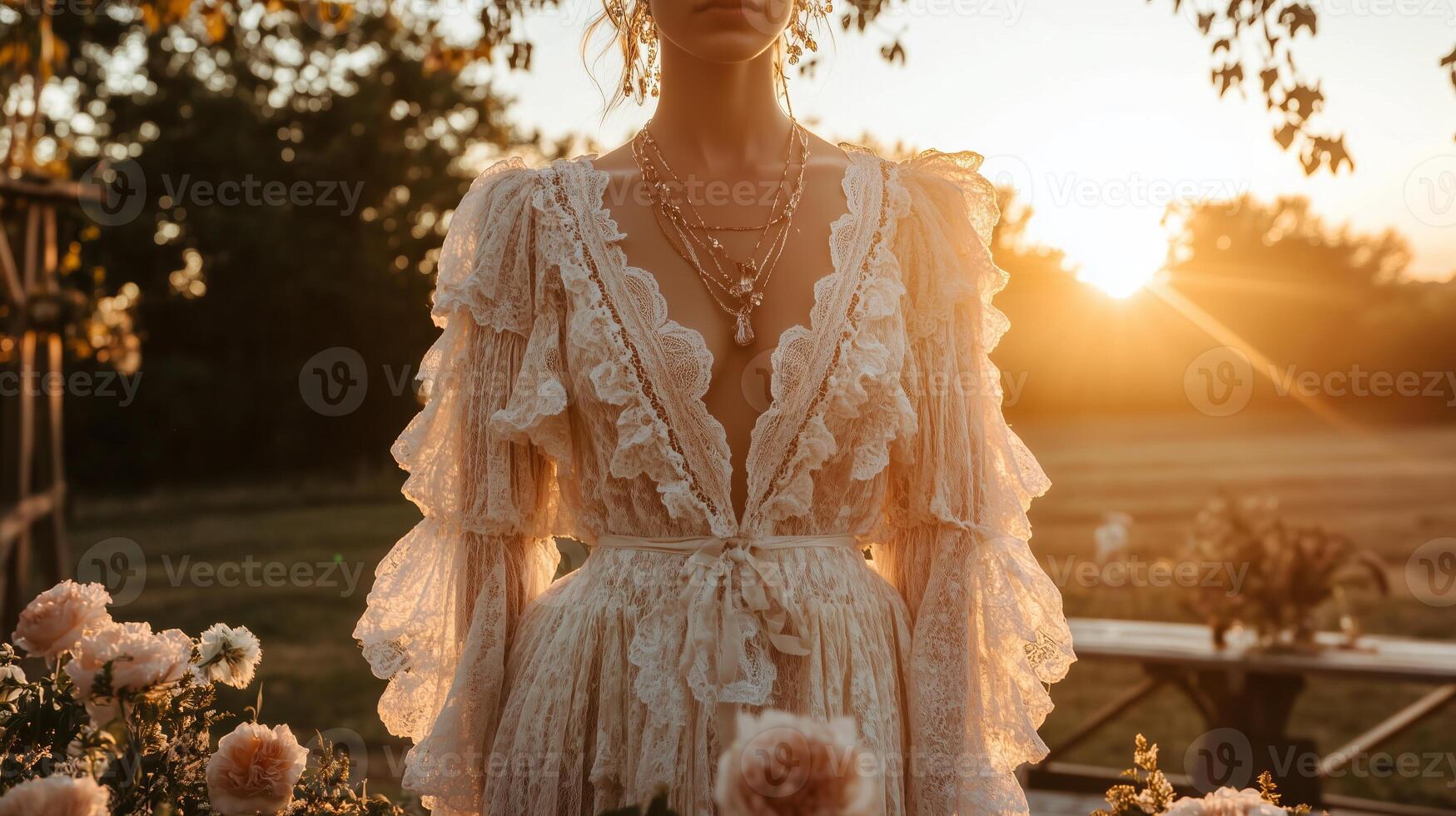 A woman in a wedding dress stands in the sun photo