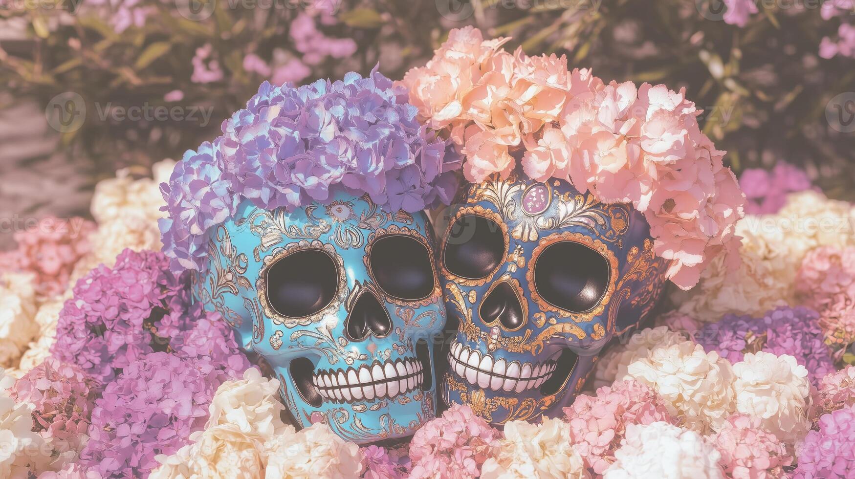 Colorful sugar skulls with vibrant flowers in a decorative style photo