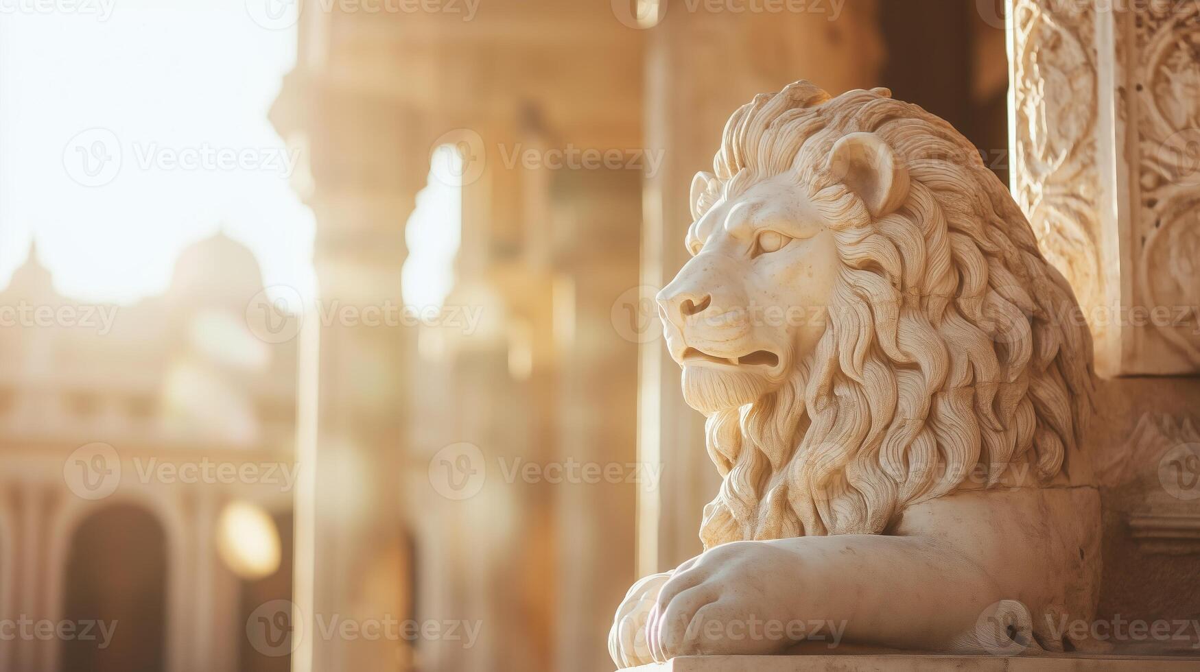A lion statue is sitting on a pillar photo