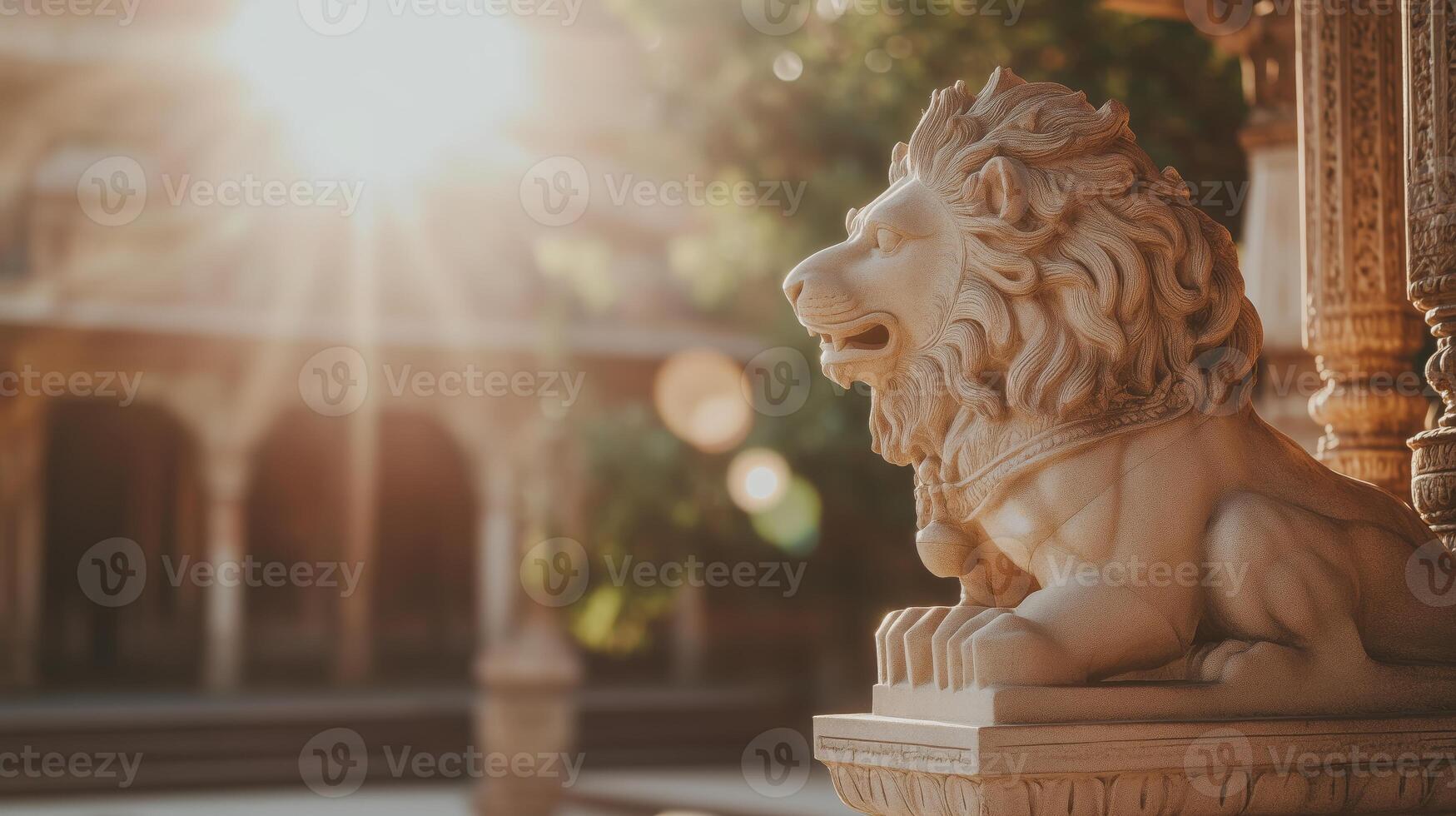 A lion statue is shown in front of a building photo