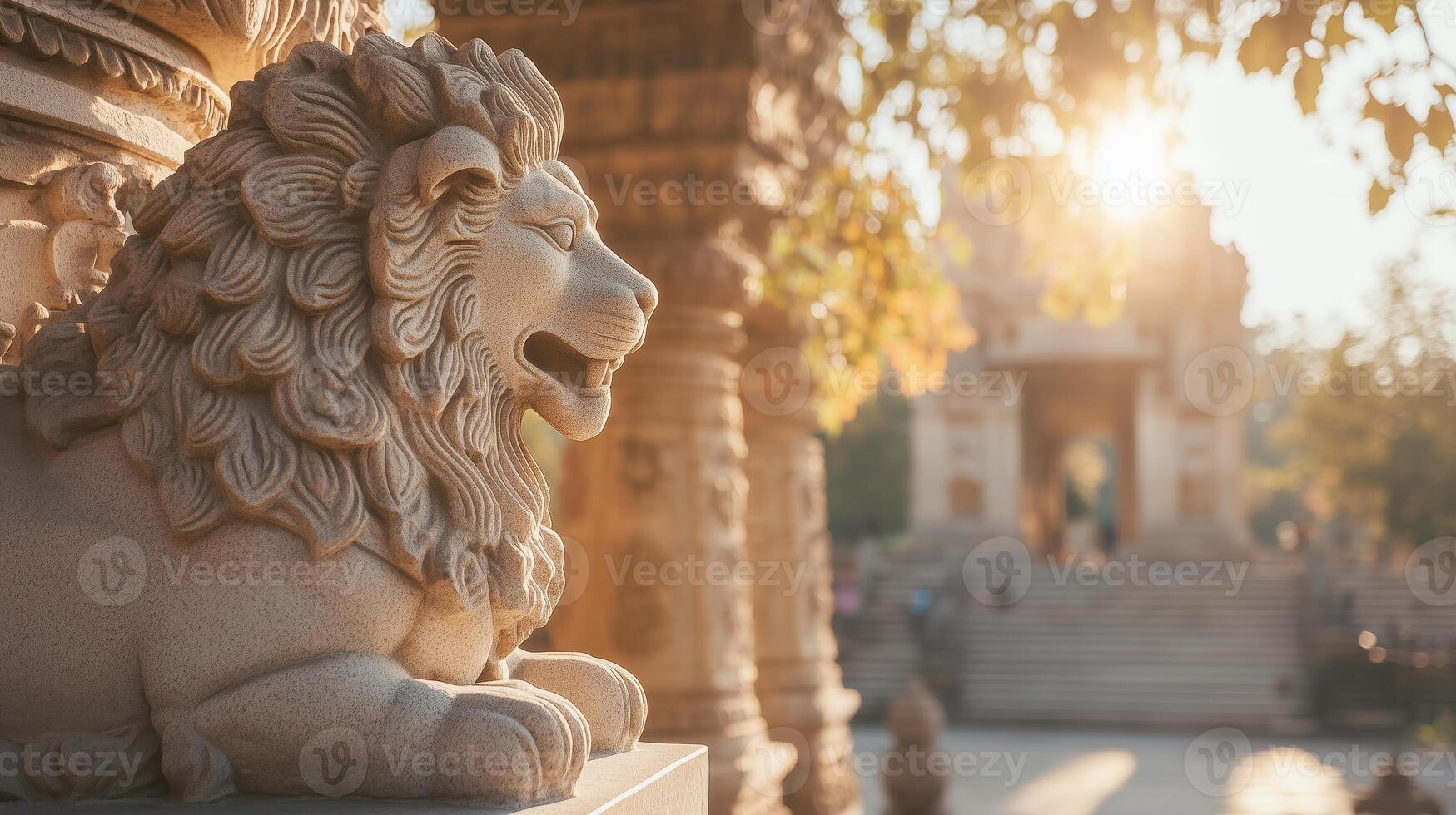 A stone lion statue in front of a building photo