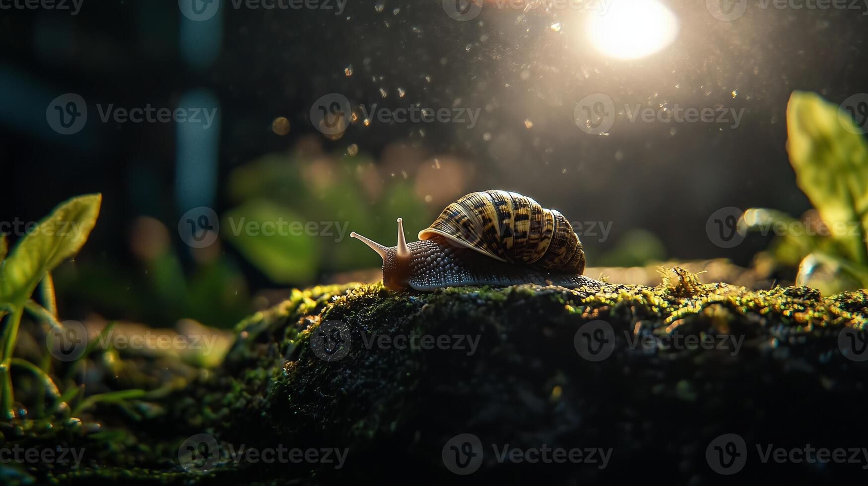 A snail is walking on a moss covered rock photo