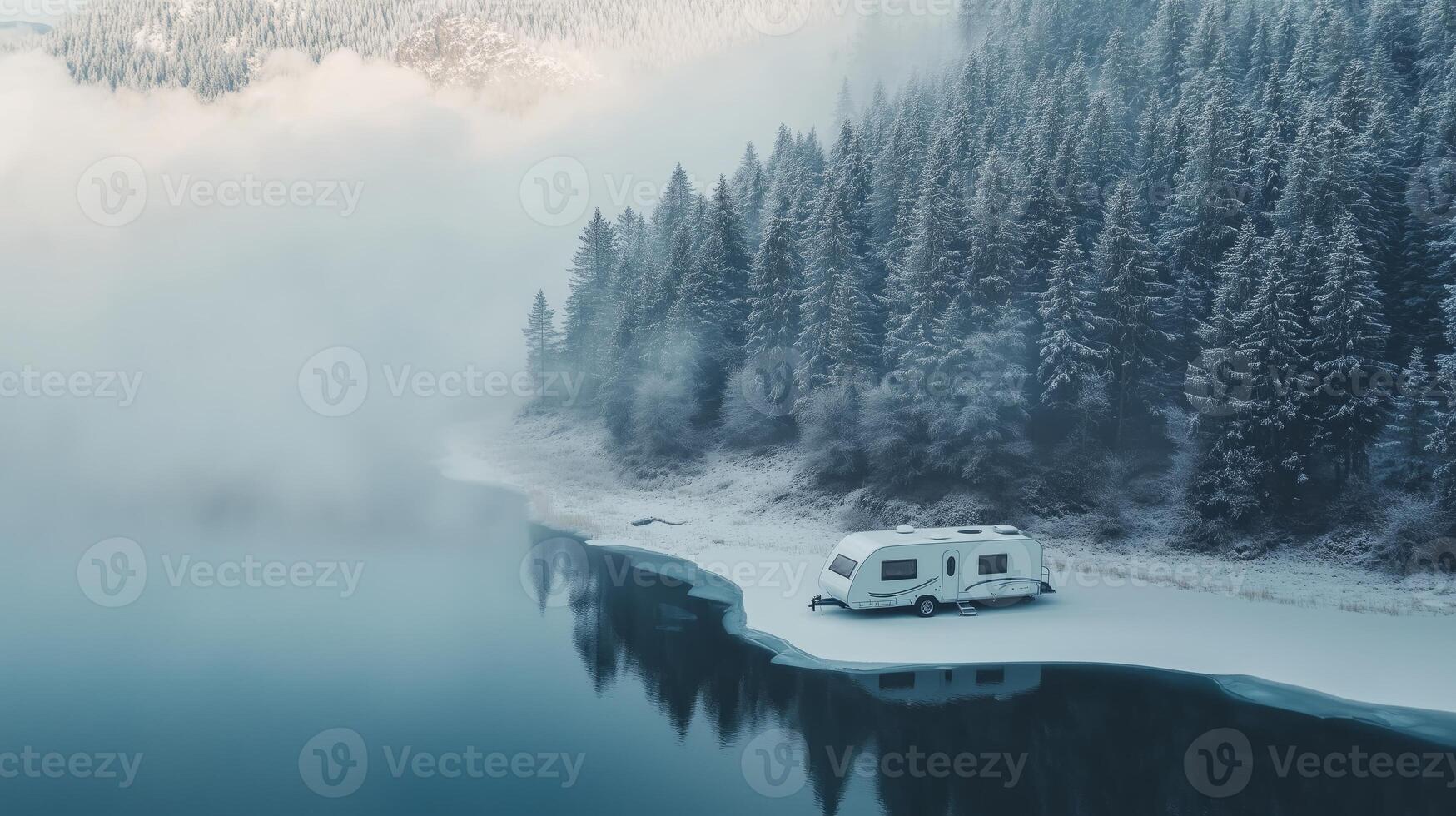 Winter serenity with caravan on a frozen lake in a snow covered forest photo