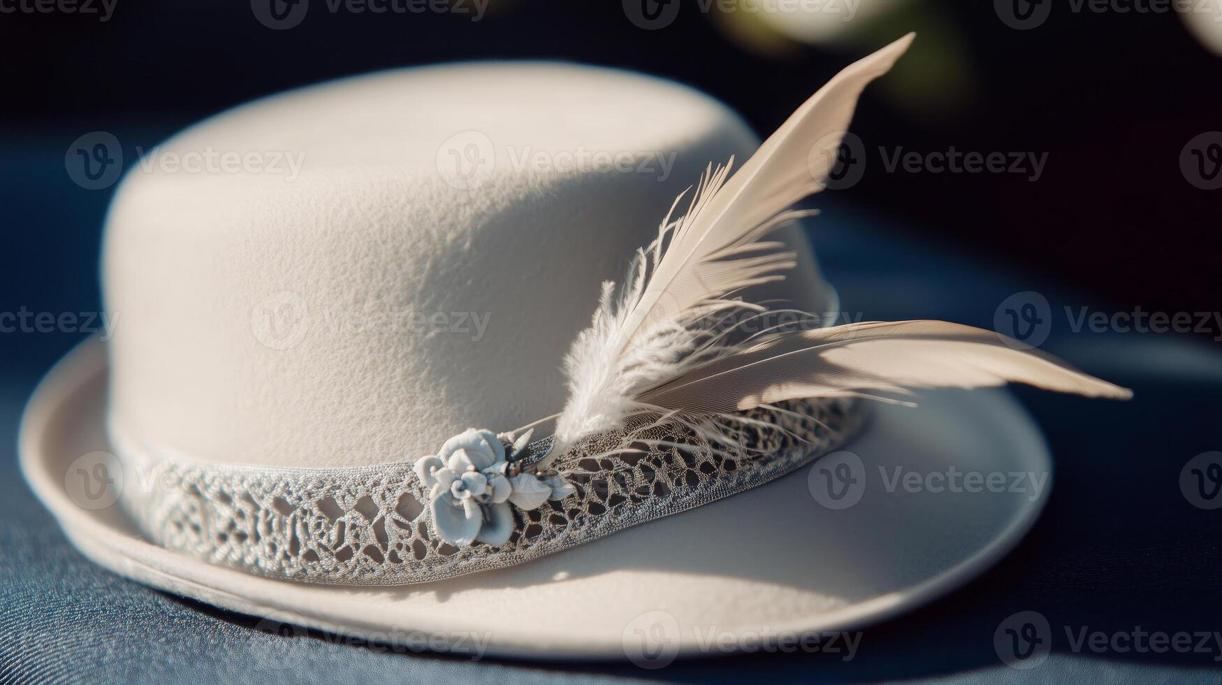 A white hat with a feather and lace photo