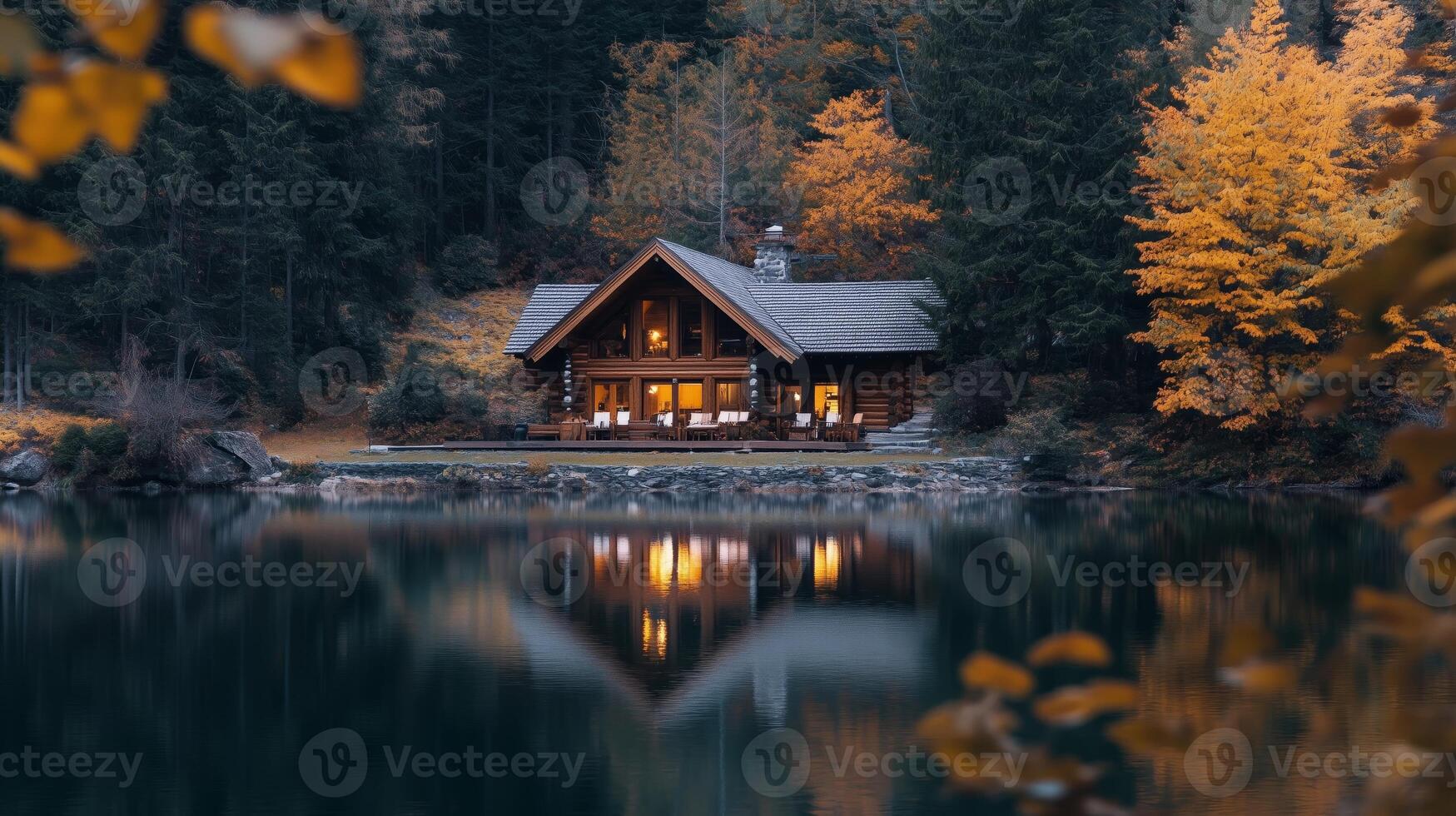 A cabin sits on the shore of a lake in the fall photo