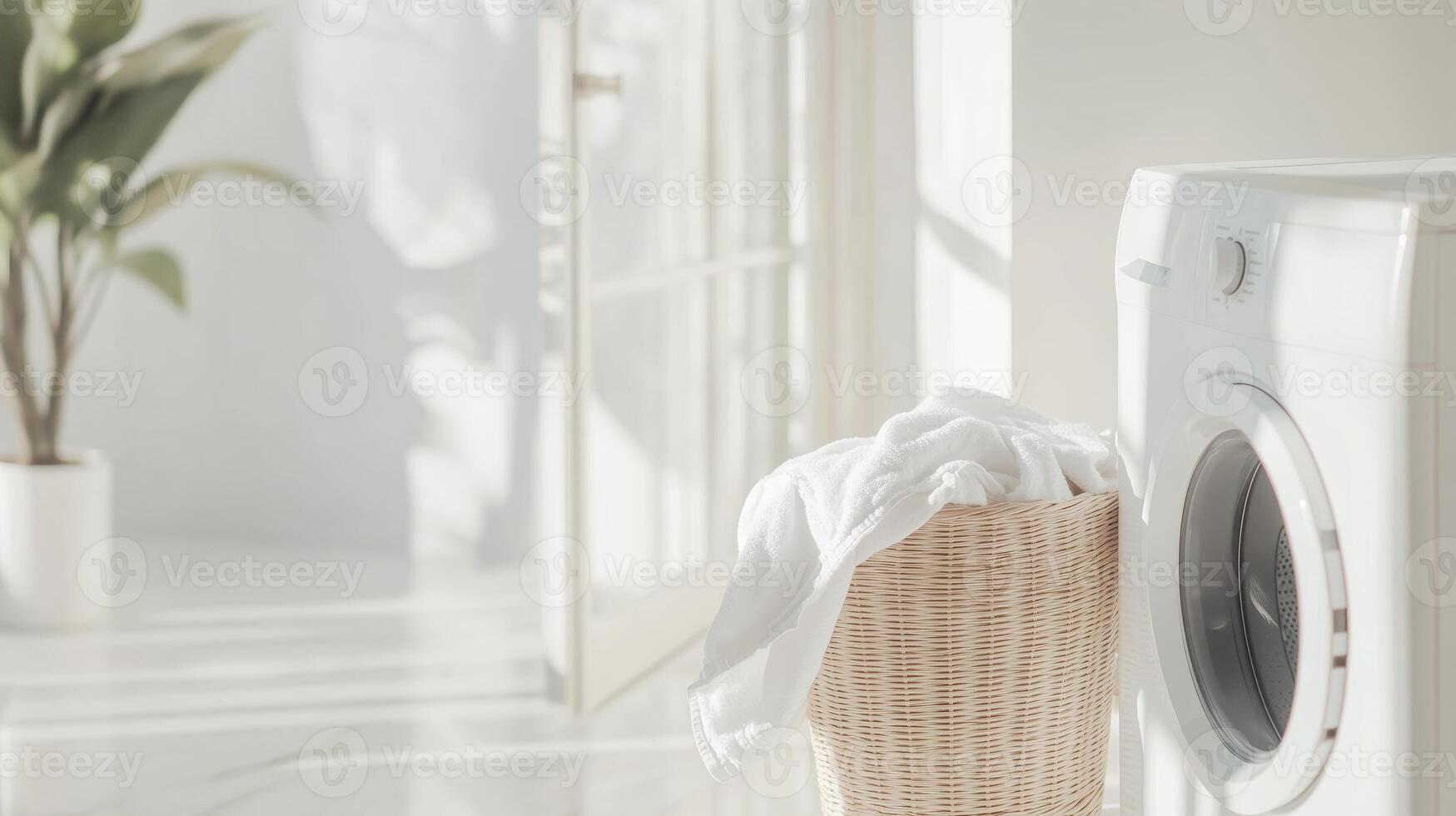 A white washing machine with a basket of clothes photo