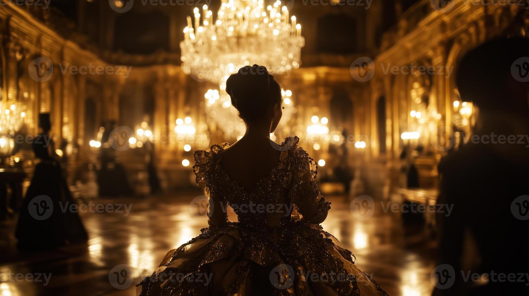 The lady in the golden dress is standing in the middle of the room photo