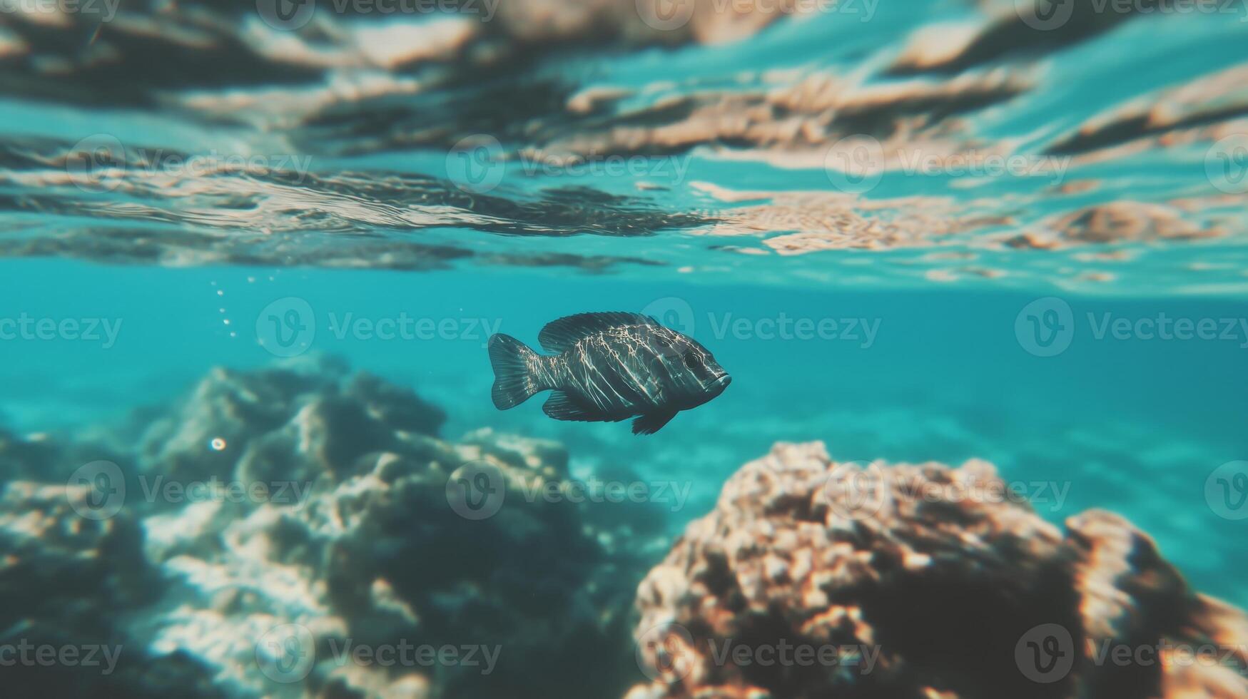 A fish swimming in the ocean near some rocks photo