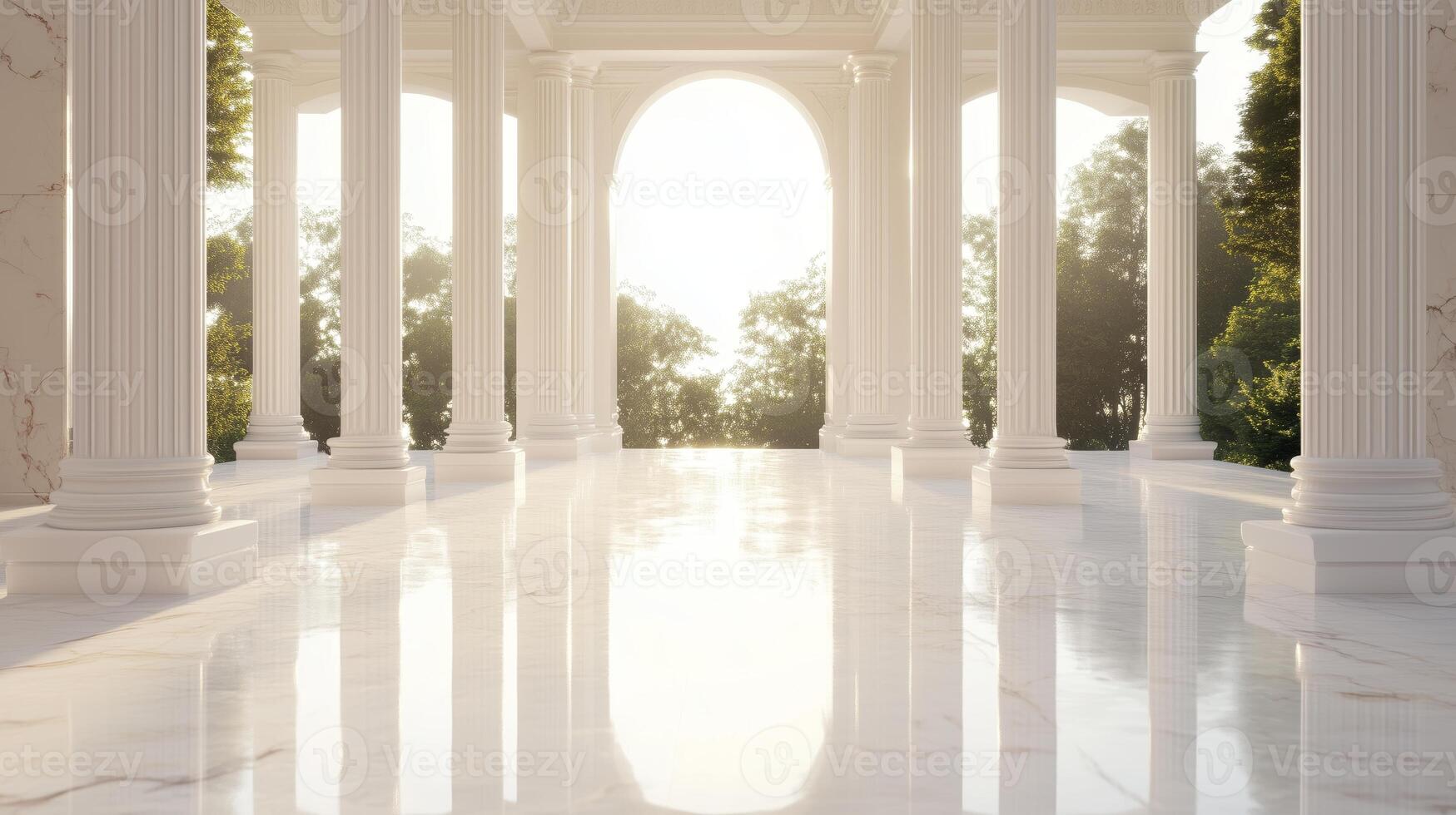 A white marble walkway with columns and trees photo