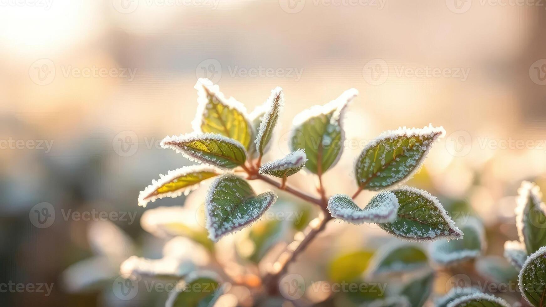 Frosty leaves on a bush in the sun photo