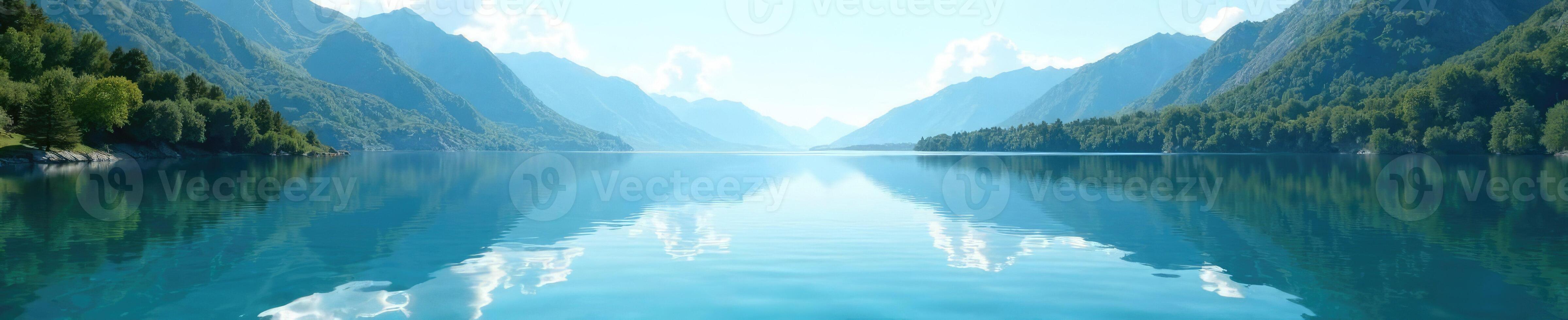A lake surrounded by mountains and trees photo