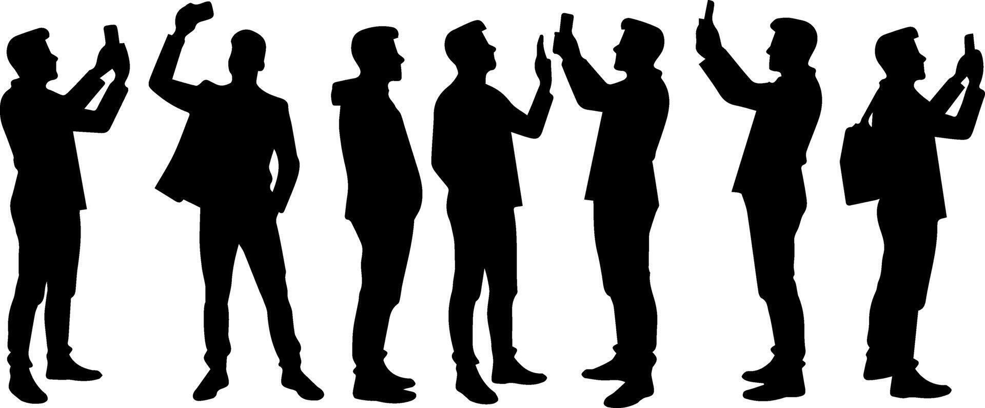 Silhouettes of men standing in a line, each holding up their hands vector