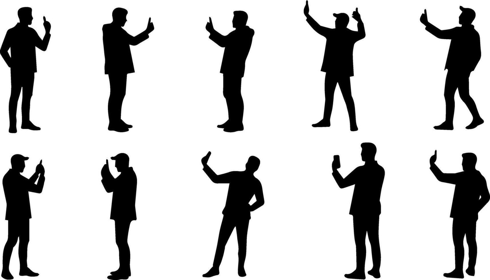 Silhouettes of men in various poses holding up their phones vector