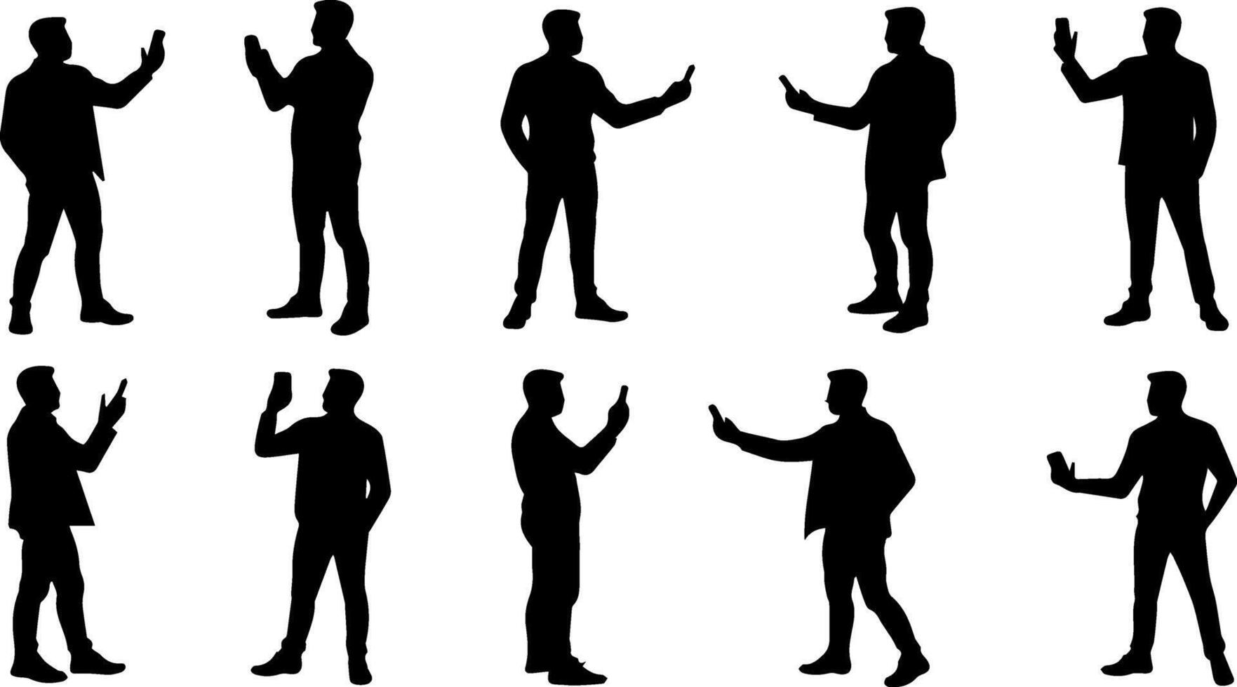 Silhouettes of men in various poses holding cell phones vector