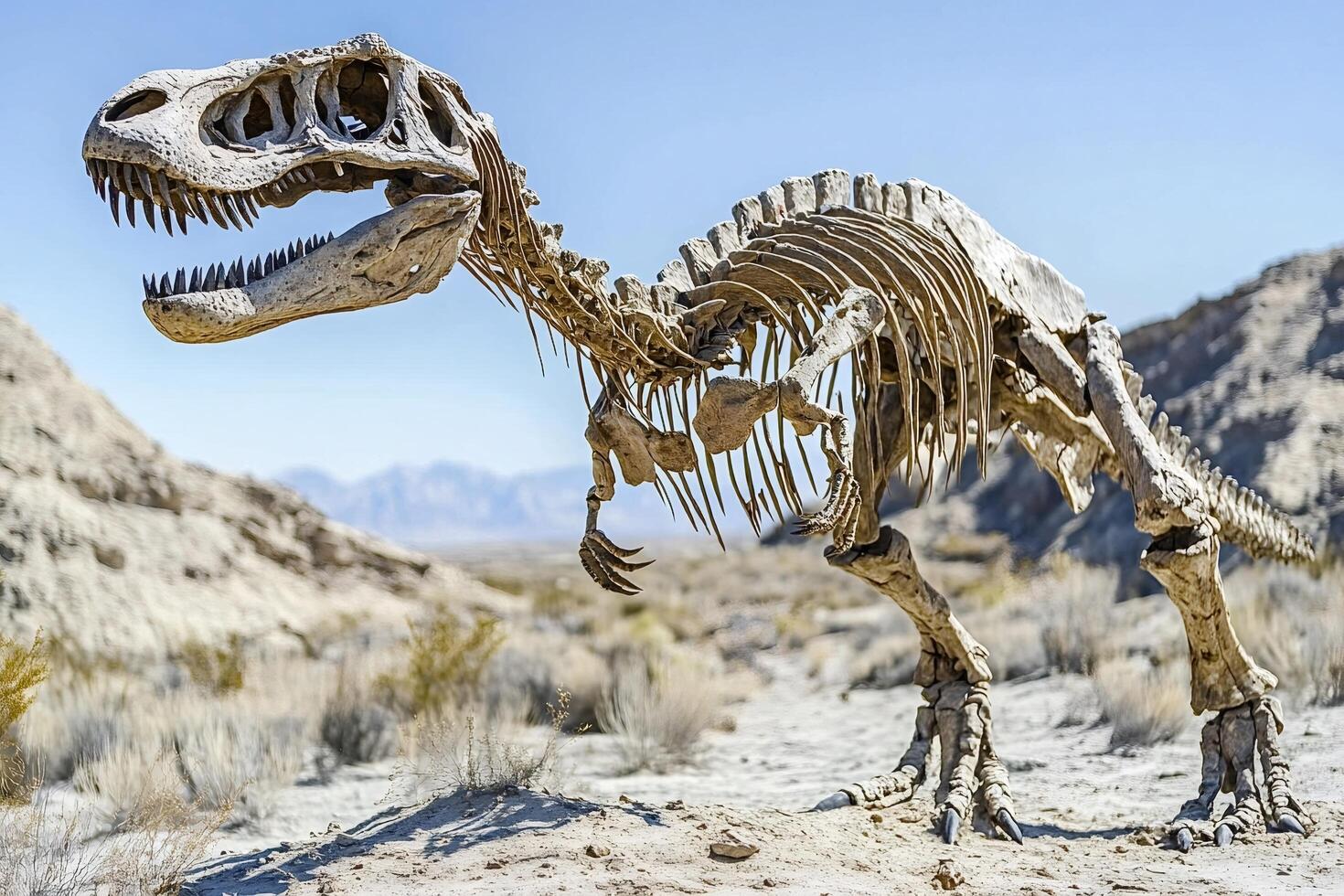 Tyrannosaurus rex skeleton standing in desert environment photo