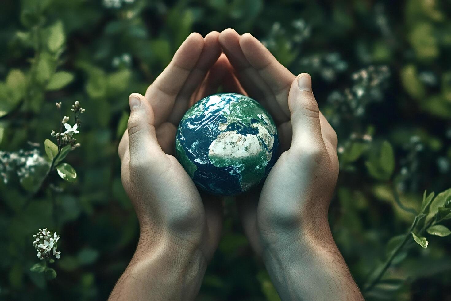 Hands protecting planet earth globe in lush green environment photo