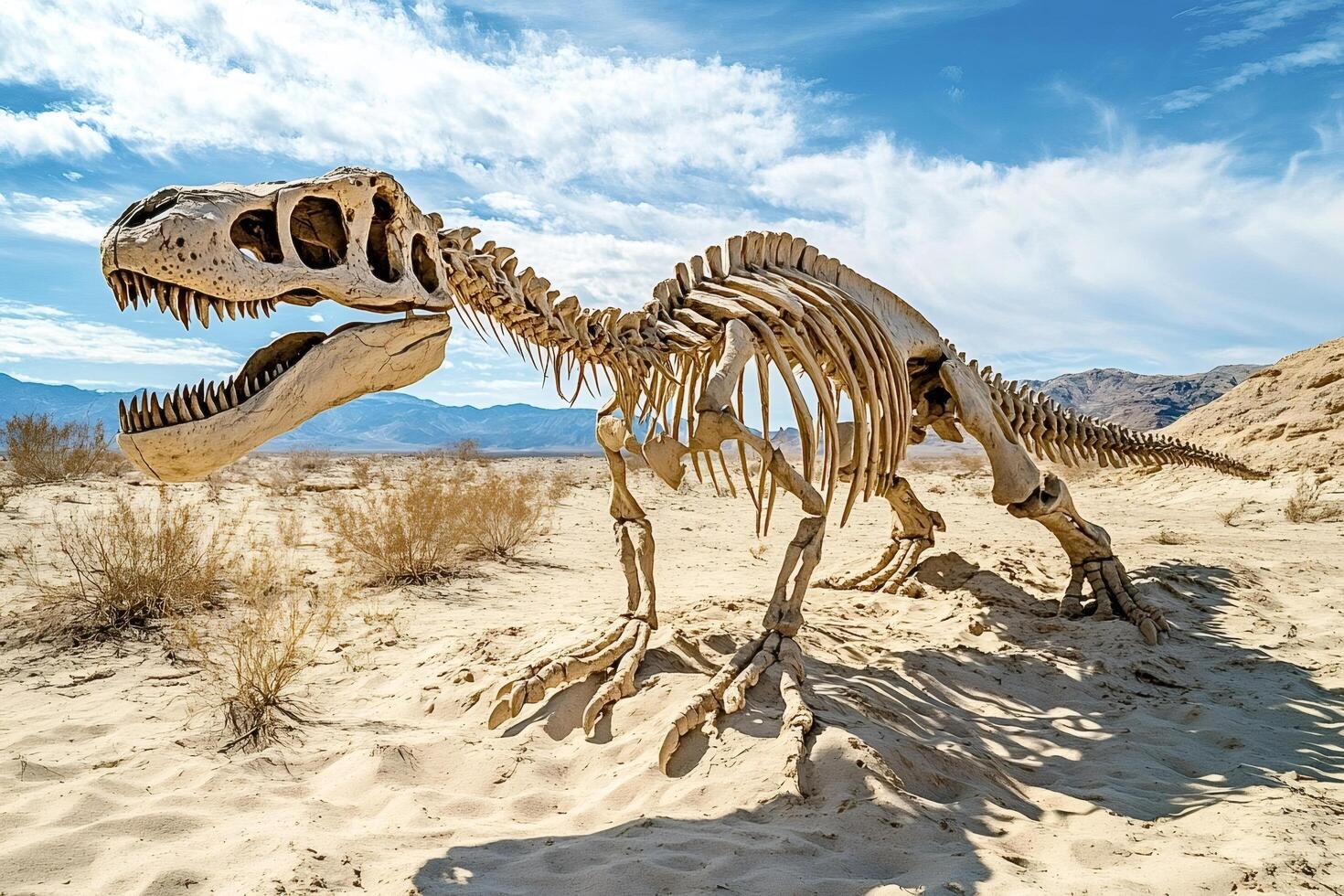Gigantic tyrannosaurus rex skeleton standing in the desert sand photo