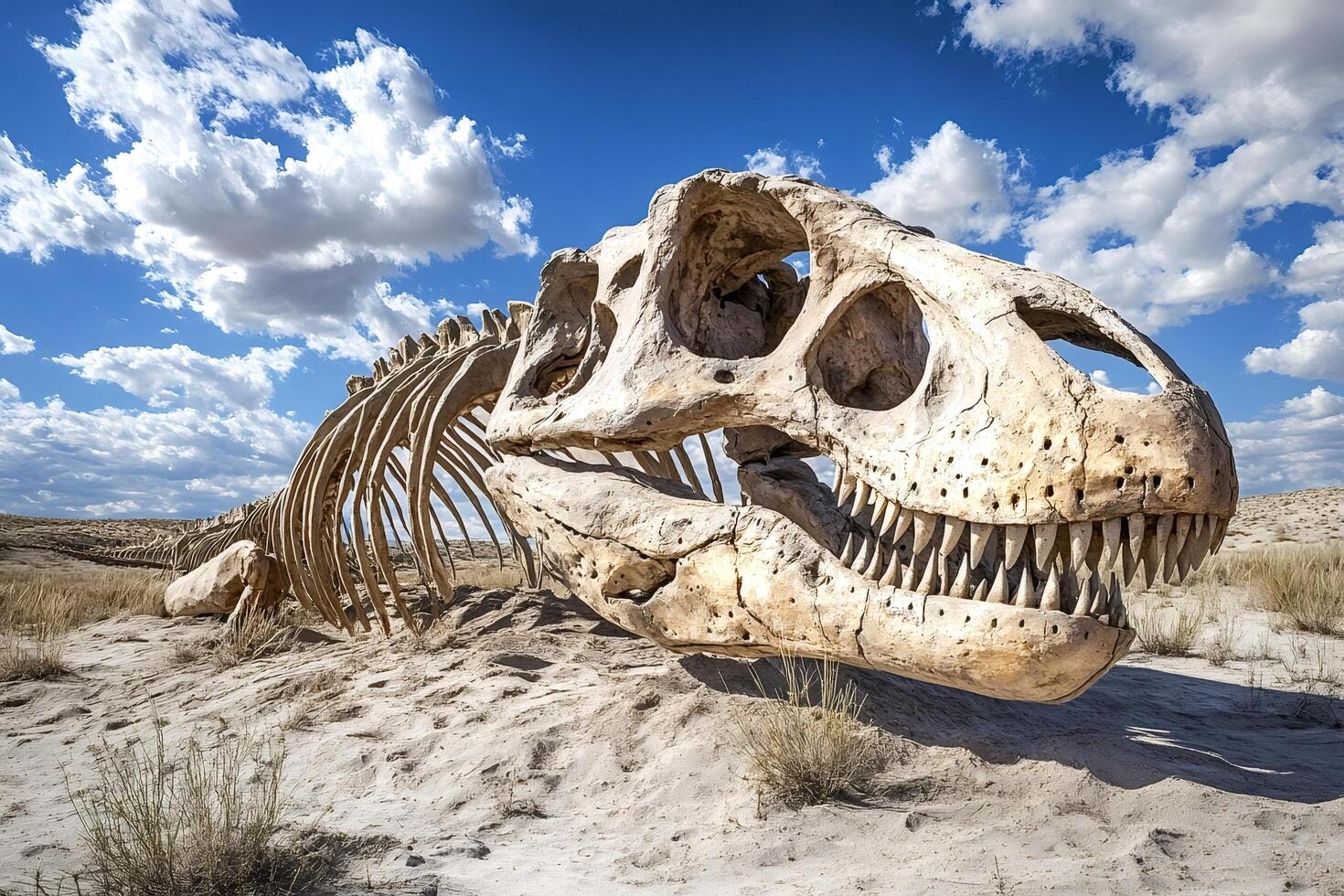 Gigantic tyrannosaurus rex skeleton lying in desert sand under blue cloudy sky photo