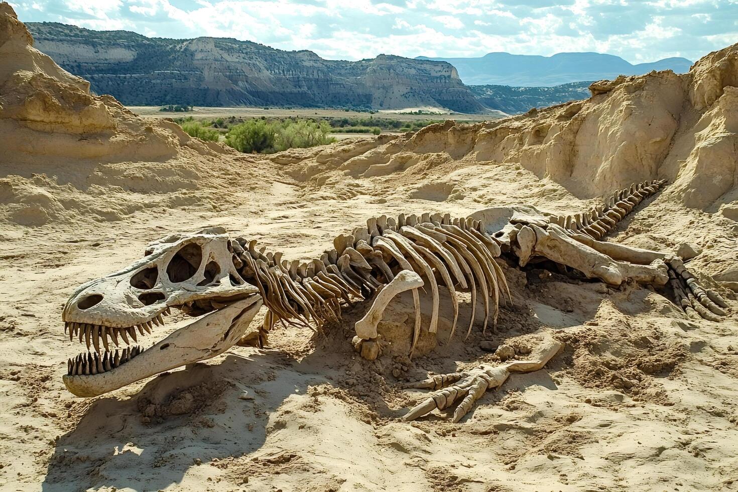 Dinosaur skeleton resting in desert sand under blue sky photo
