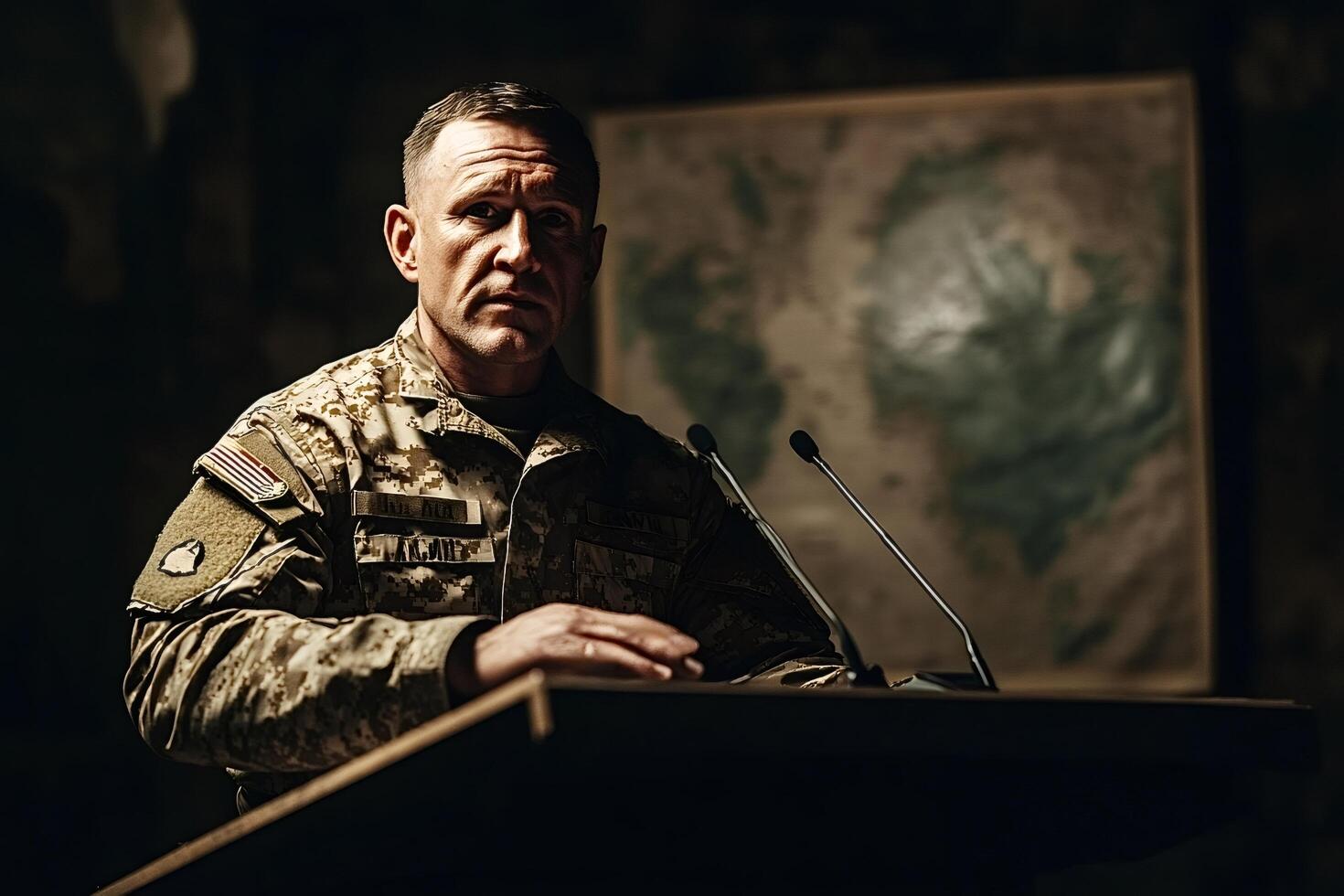 Military general giving a press conference about war photo