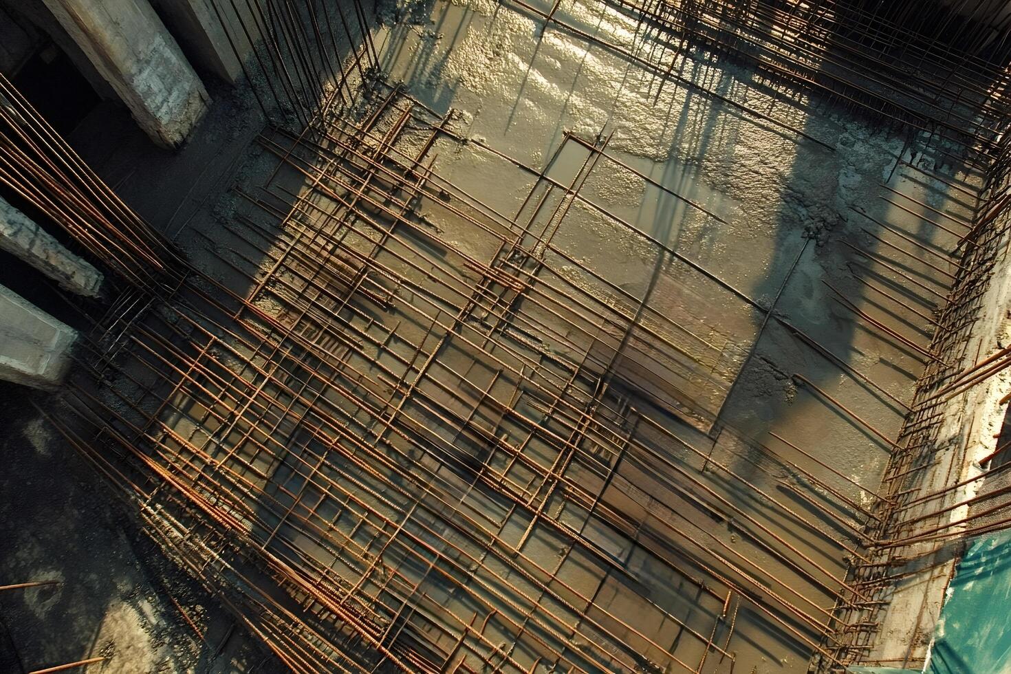 Rusty rebar grid preparing for concrete pour at construction site photo