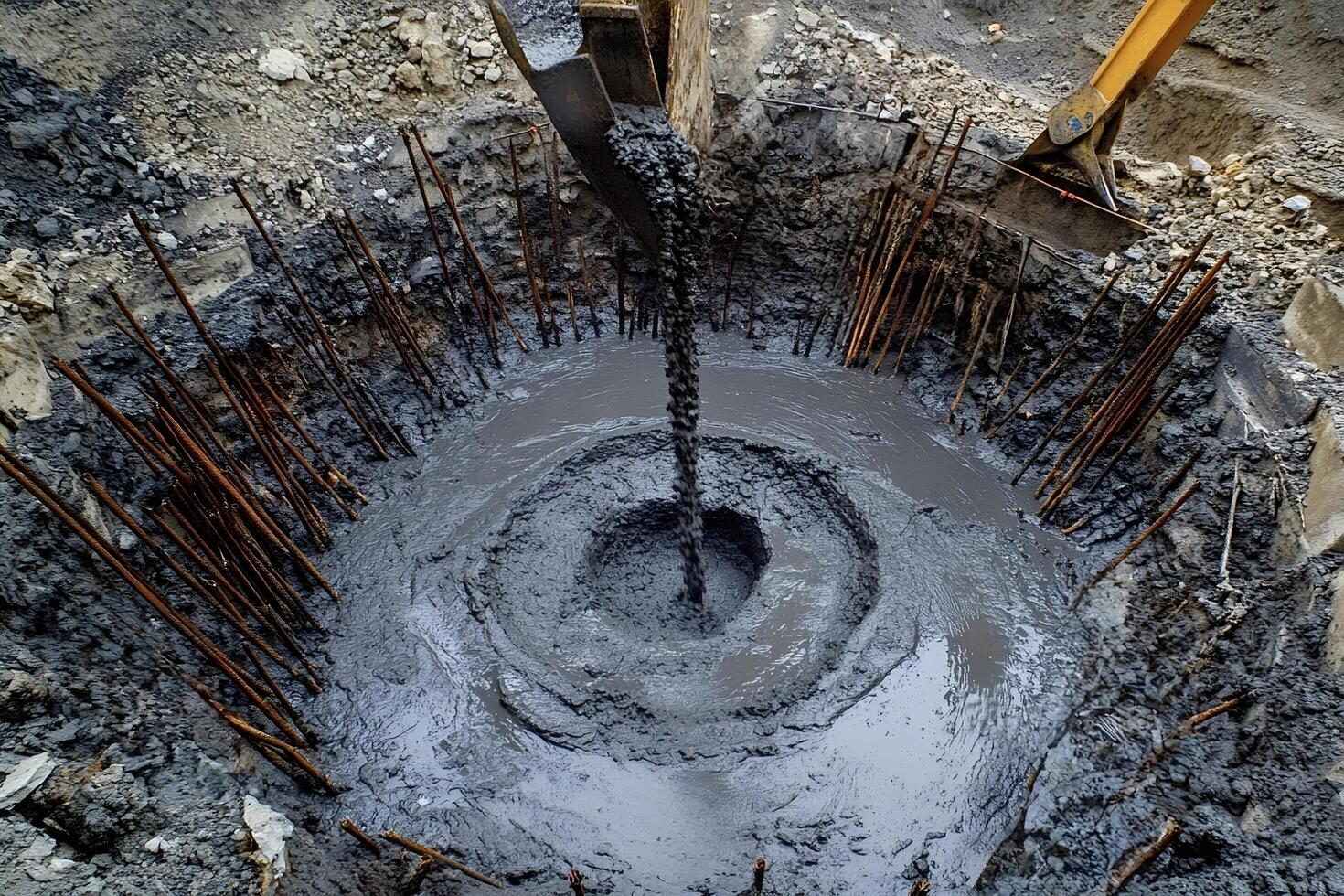 Excavator pouring concrete into foundation with rebar reinforcement at construct photo