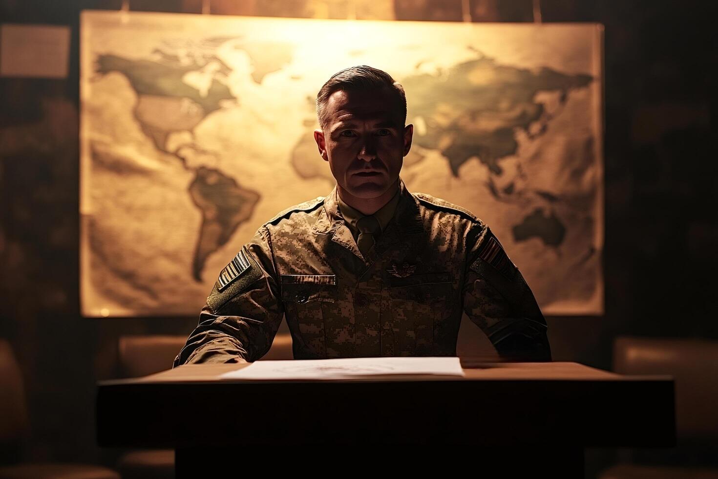 Us military general briefing analyzing geopolitical situation on world map photo