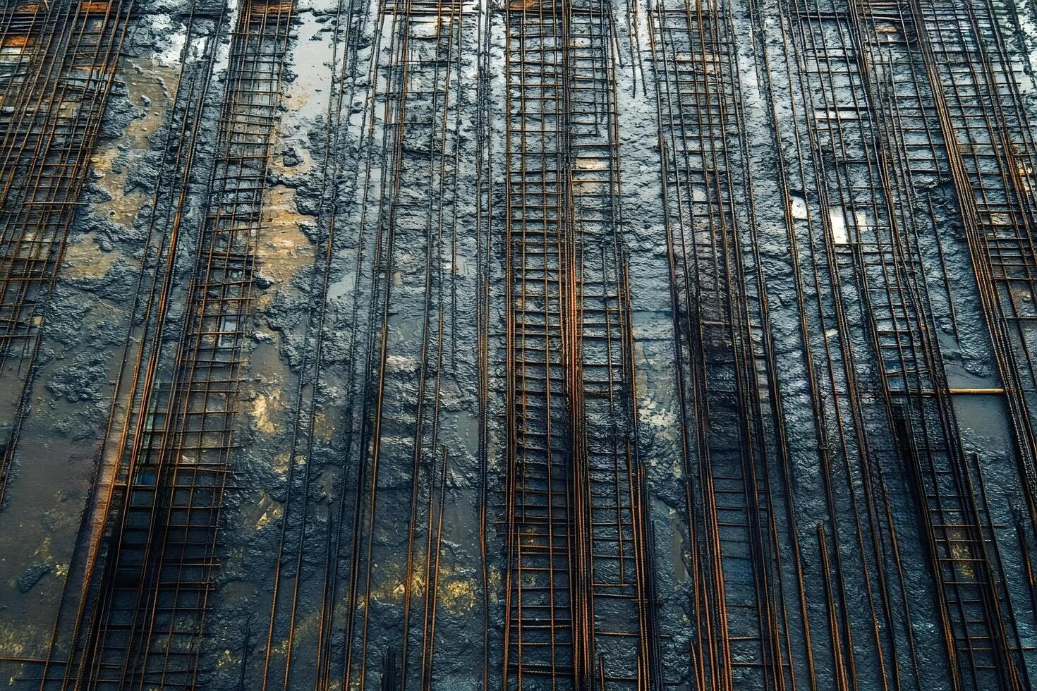Rusty rebar emerging from wet concrete at construction site photo
