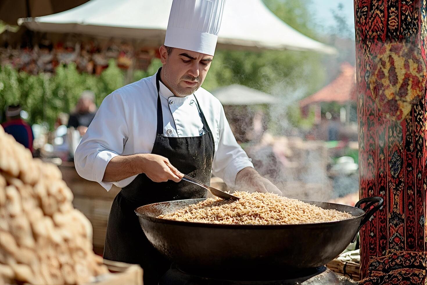 Chef cooking traditional pilaf in large pot at outdoor food festival photo