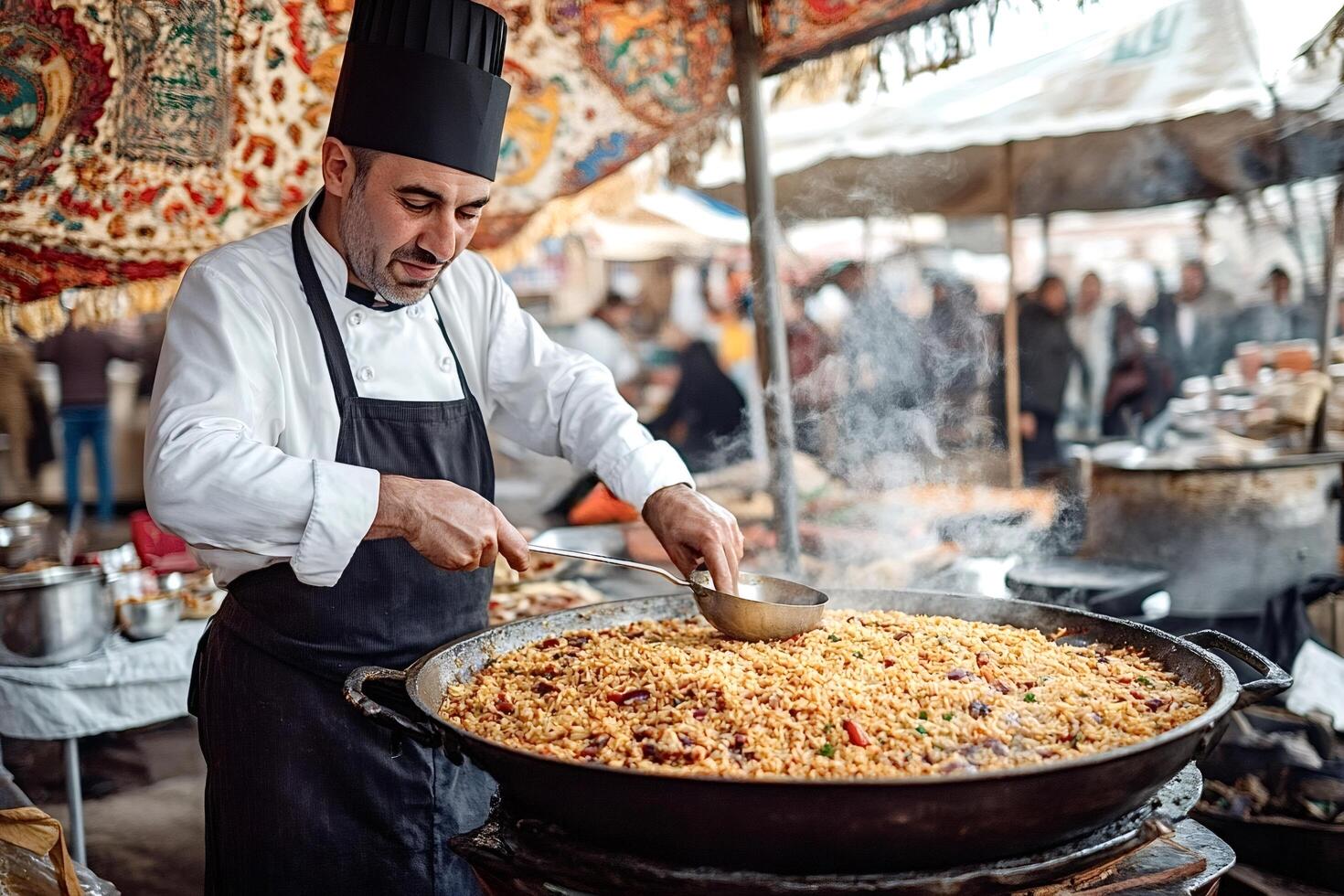 Chef serving traditional pilaf rice dish at outdoor food market photo