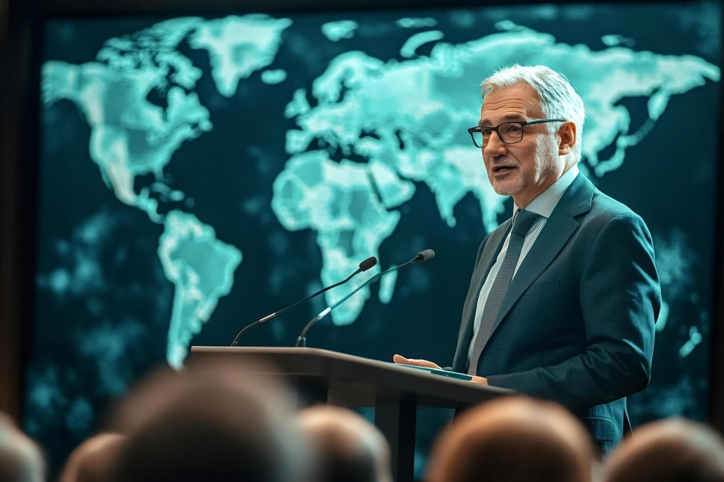 Politician giving a speech at press conference about global issues photo