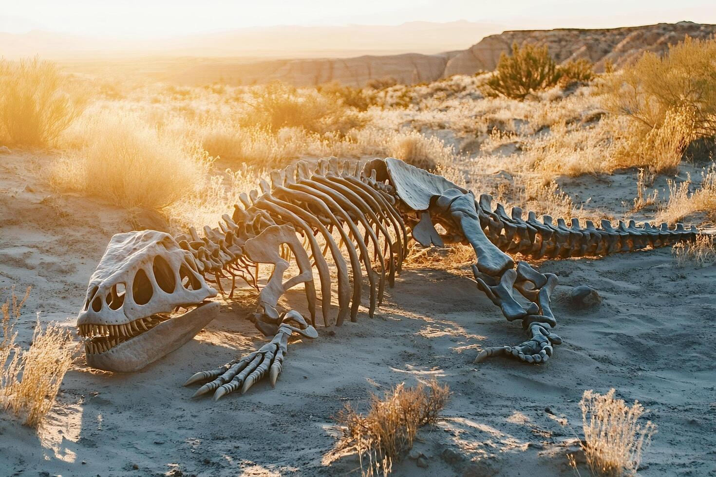 Dinosaur skeleton lies in the desert at sunset creating a dramatic scene photo
