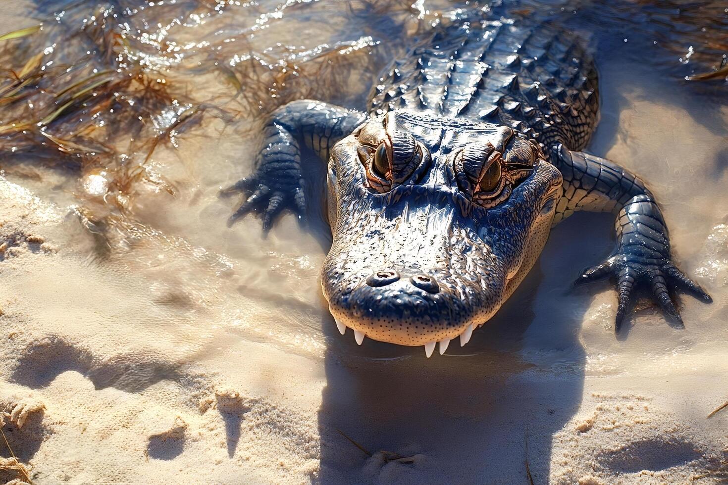 Young alligator resting on the shore of a river photo