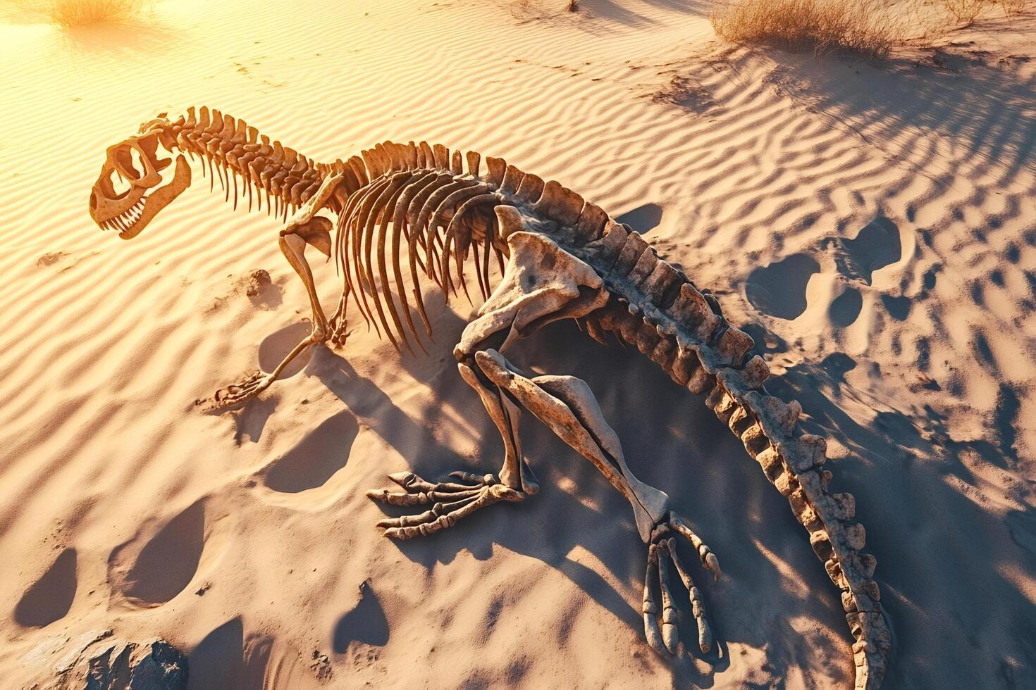 Dinosaur skeleton resting in a sandy desert at sunset photo