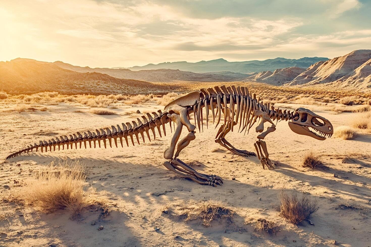 Dinosaur skeleton resting in a desert landscape at sunset photo