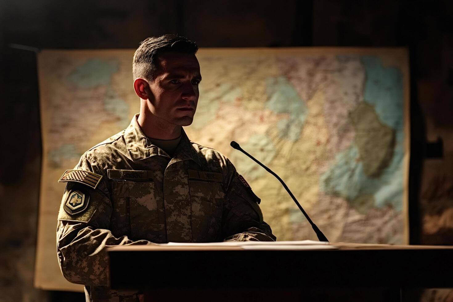 Soldier giving a speech at press conference about military operation photo