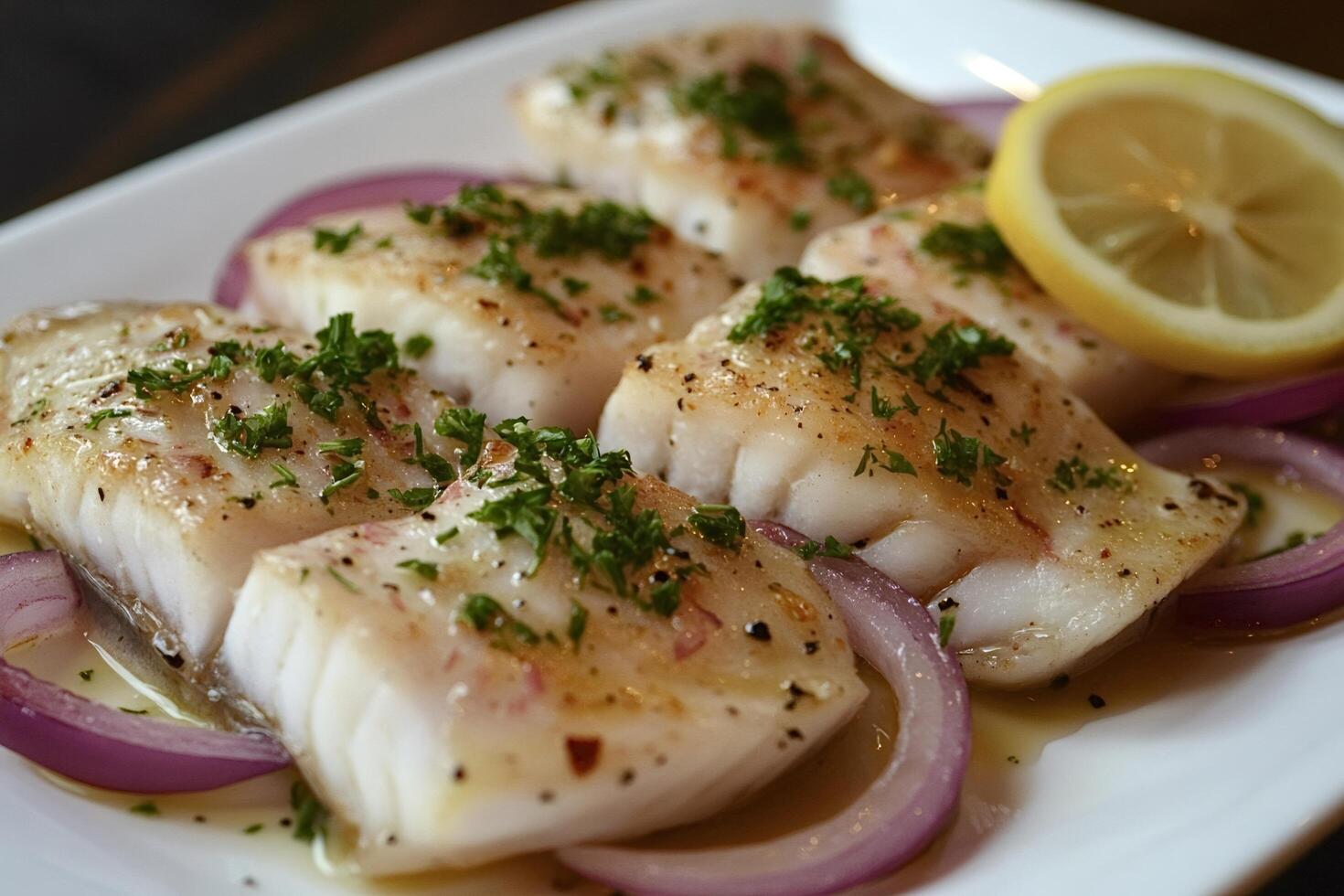 Delicious grilled cod fillet with red onions, lemon, and parsley photo
