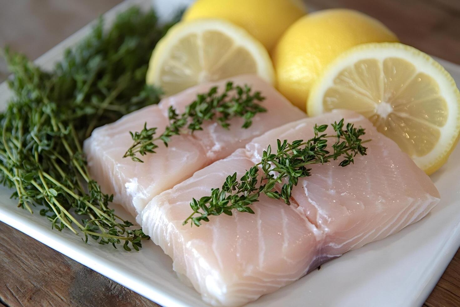 Fresh white fish fillets with thyme and lemon slices ready for cooking photo