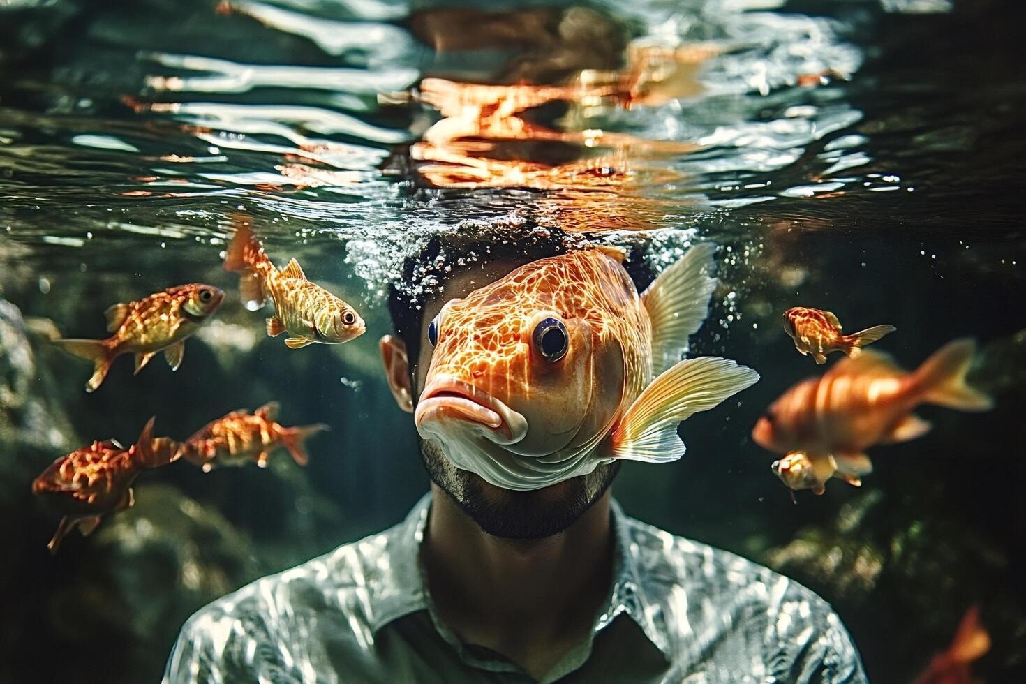 Businessman swimming underwater with large fish covering face photo