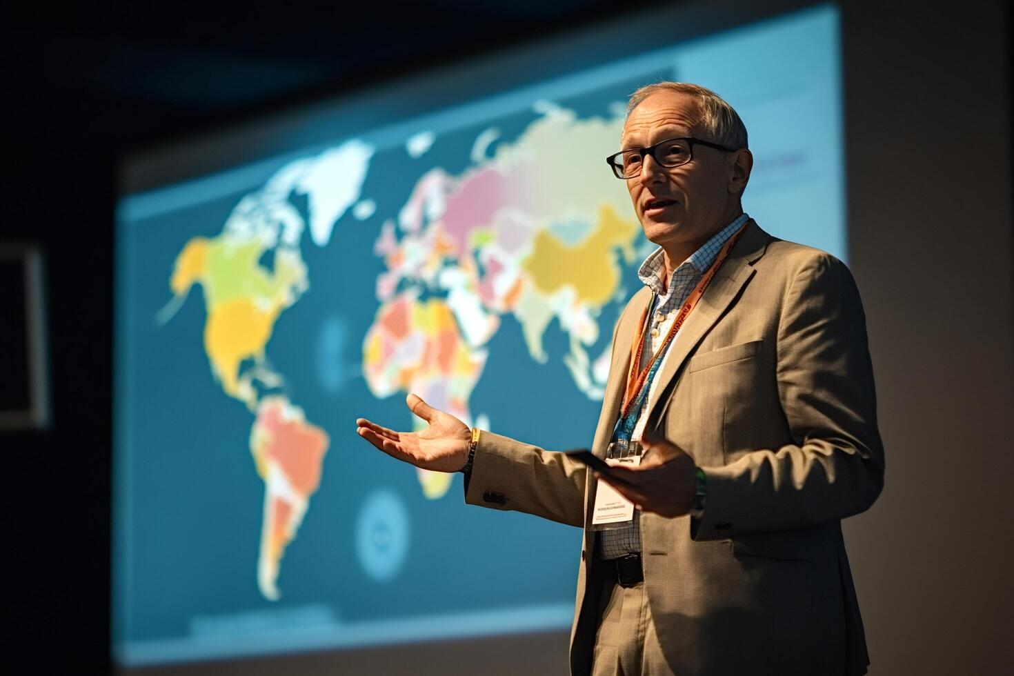 Senior professor giving a lecture about geopolitics using a world map projection photo
