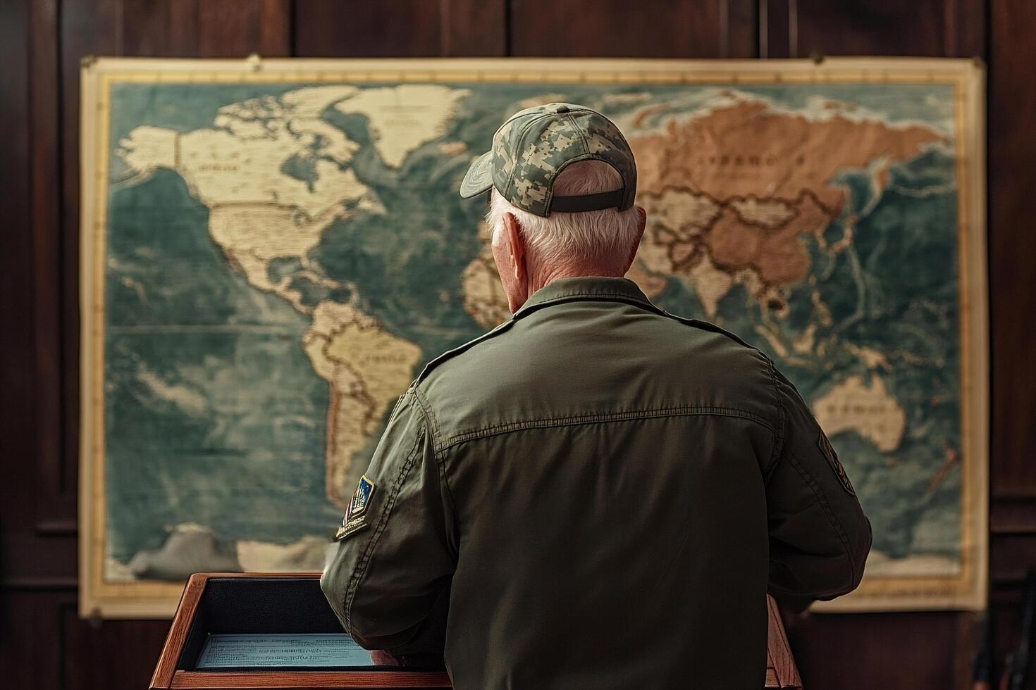 Senior military officer analyzing world map in situation room photo