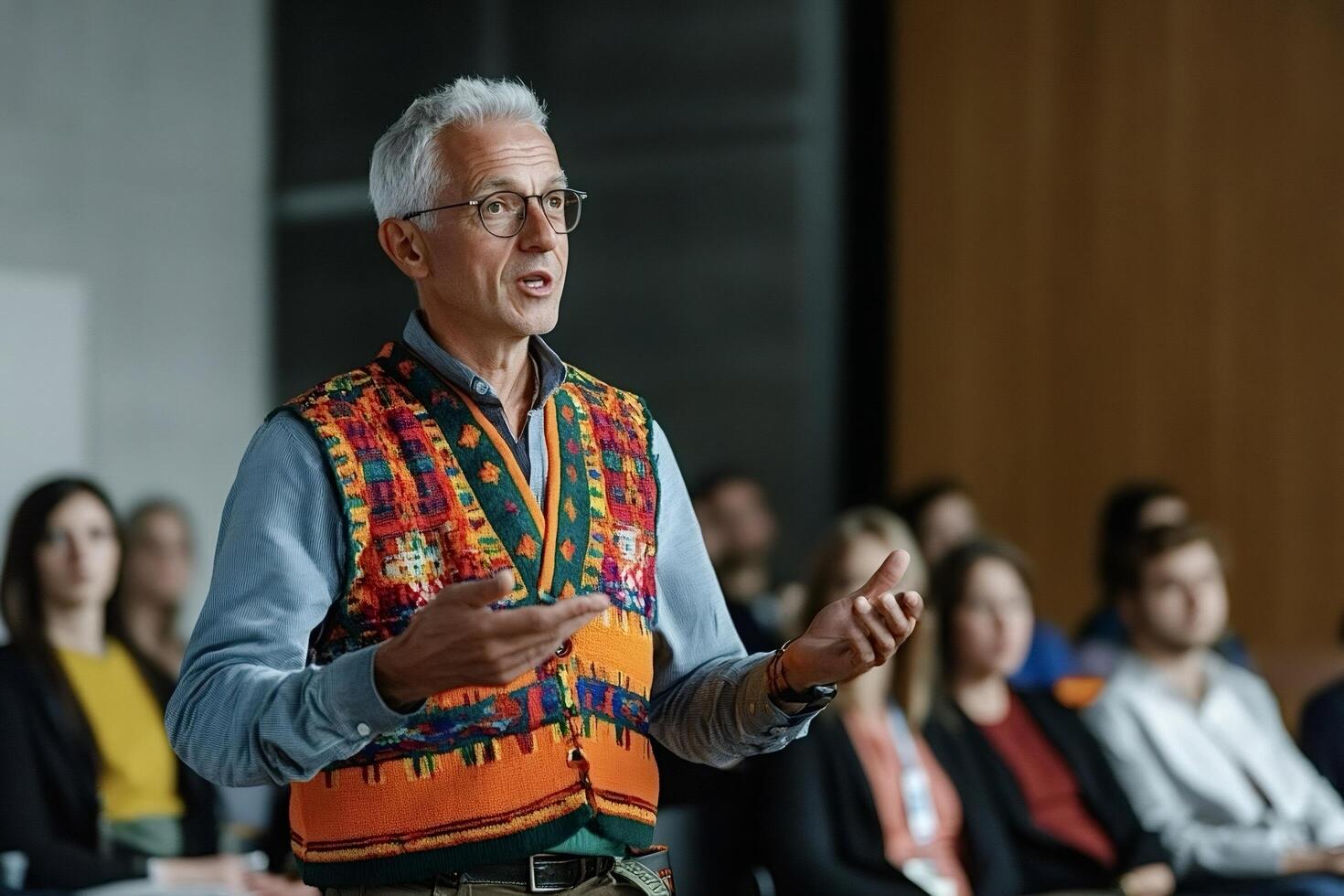 Senior professor giving a lecture to university students in auditorium photo