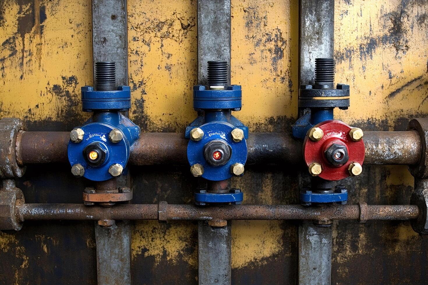 Industrial valves regulating flow in pipeline system photo