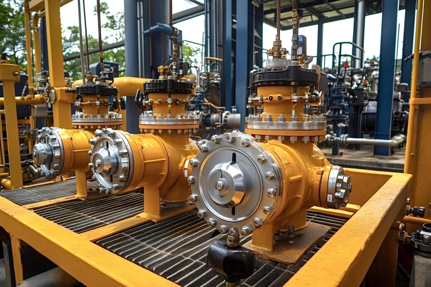 Industrial valves regulating flow in a processing plant photo