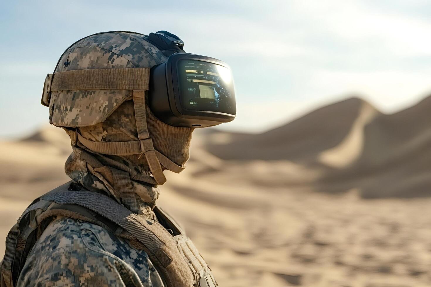Soldier wearing virtual reality headset in desert surveillance mission photo