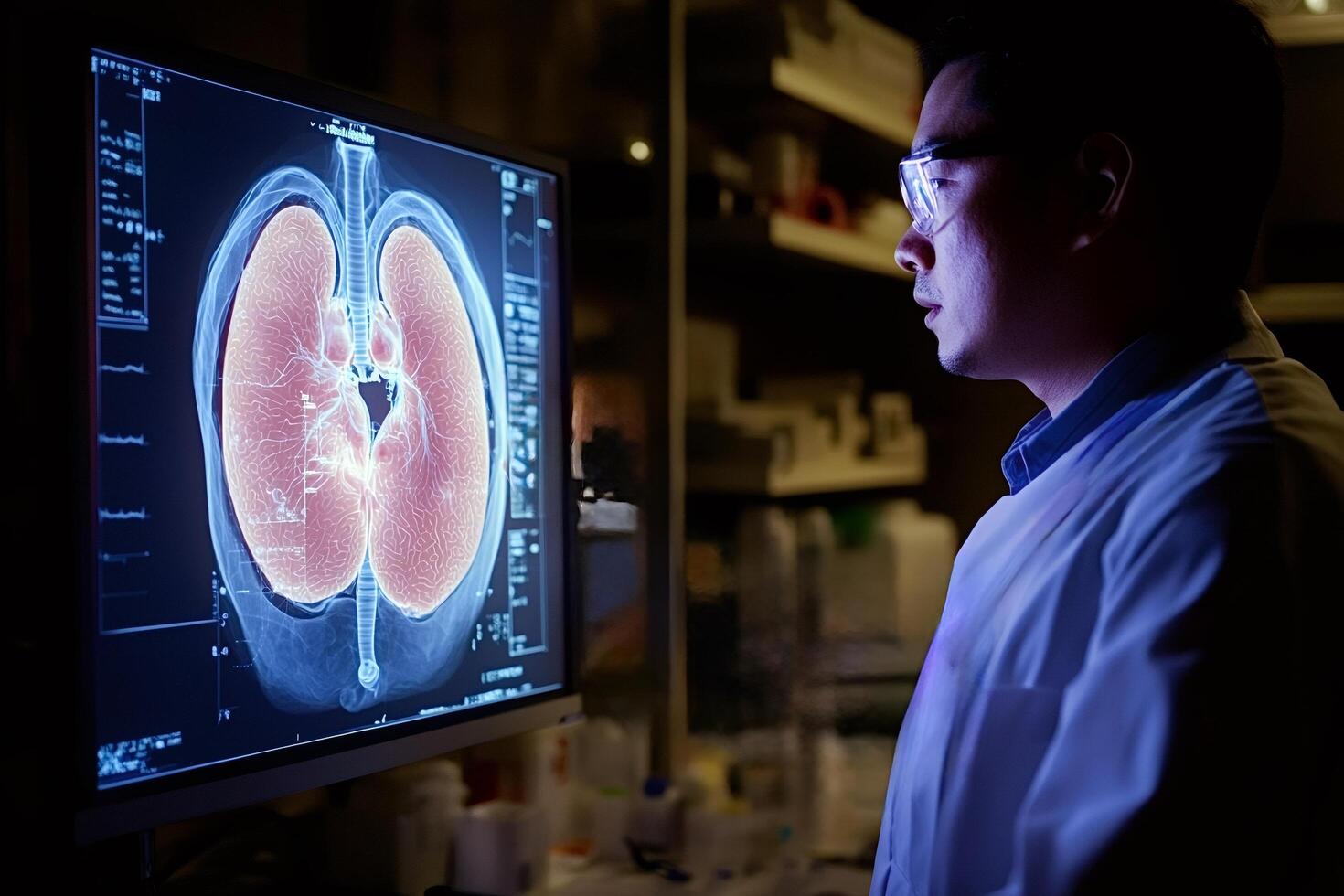 Medical doctor analyzing lungs x-ray scan on computer screen photo