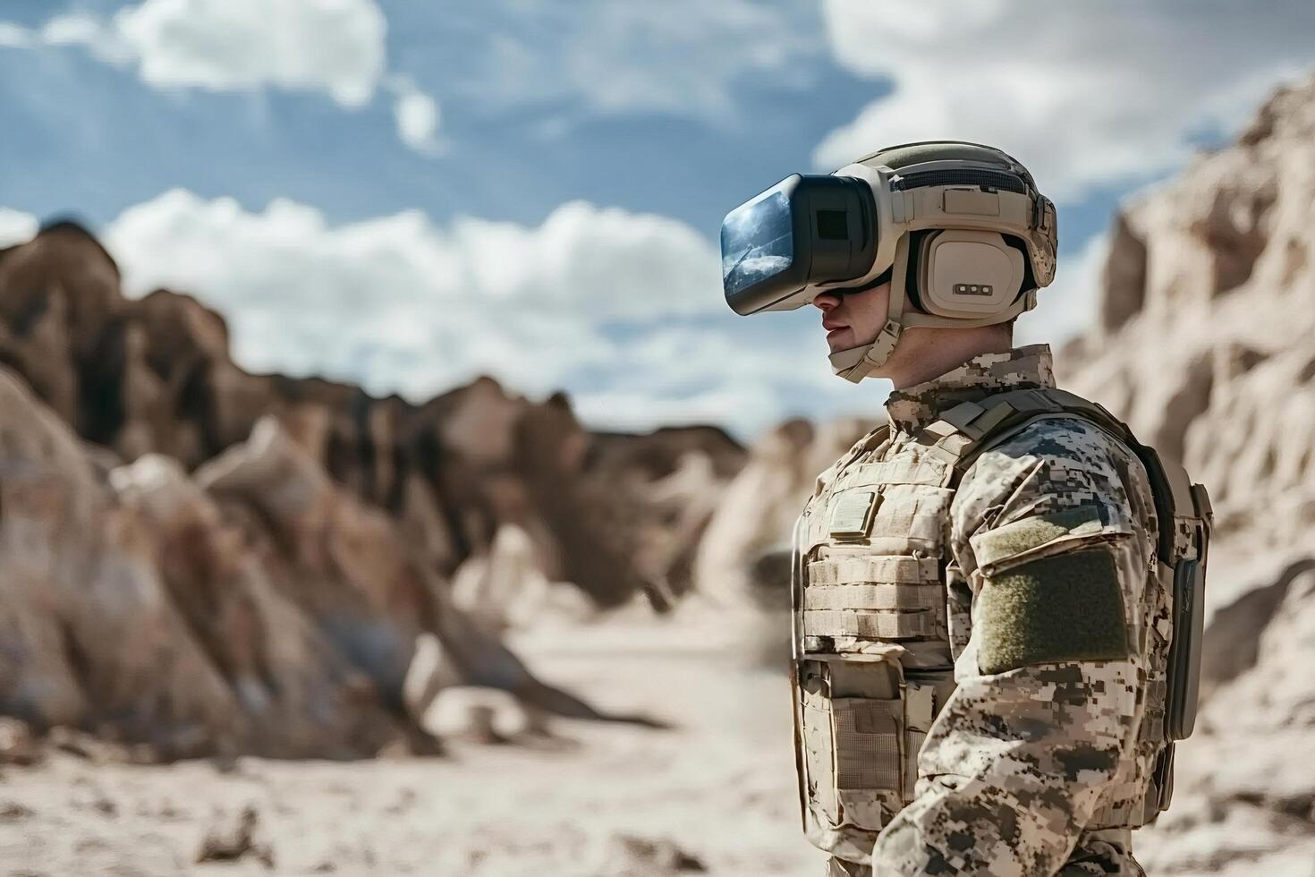 Soldier wearing virtual reality headset in desert training simulation photo