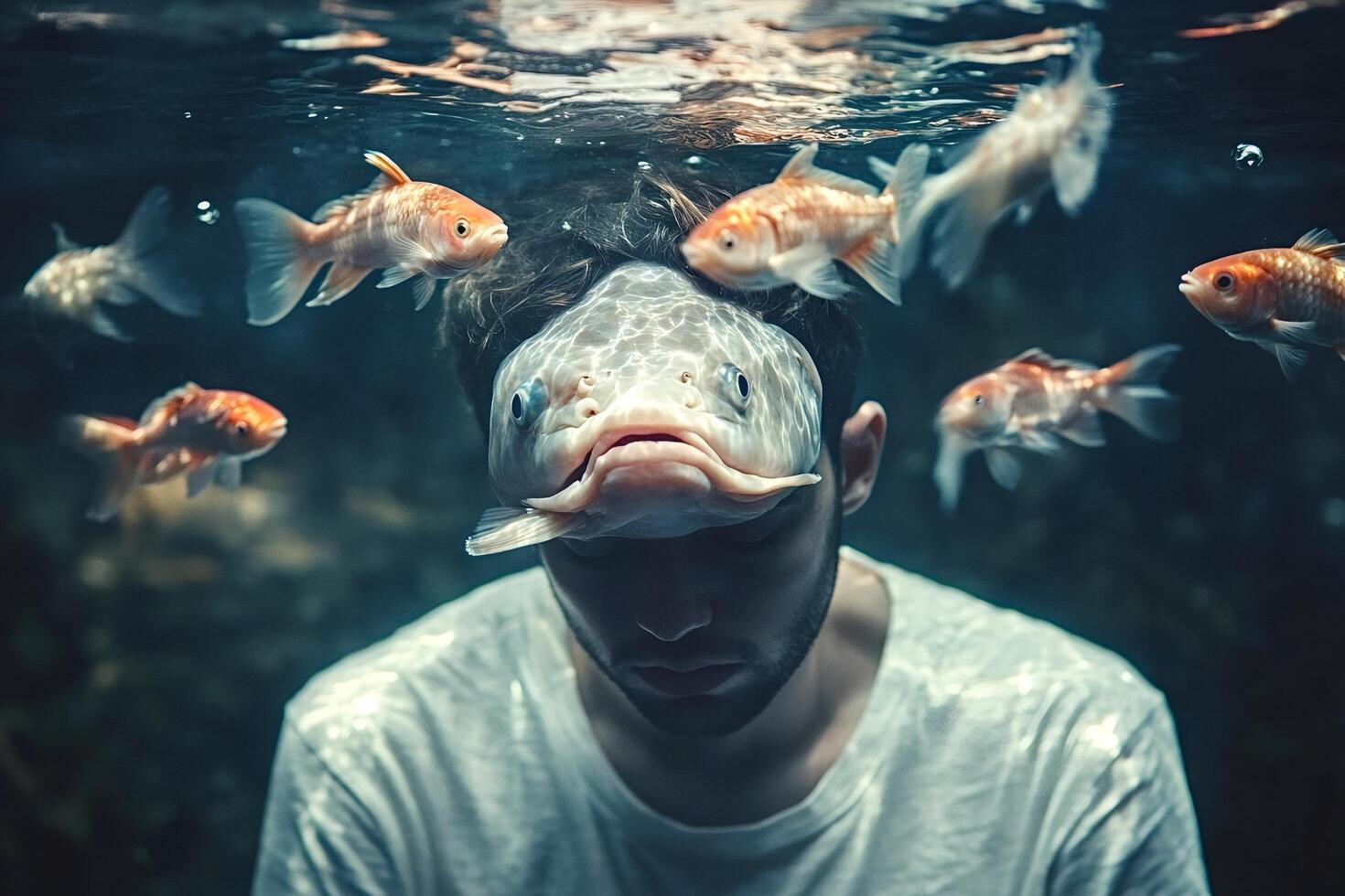 Surreal underwater scene big fish covering man's face while small fish swim photo